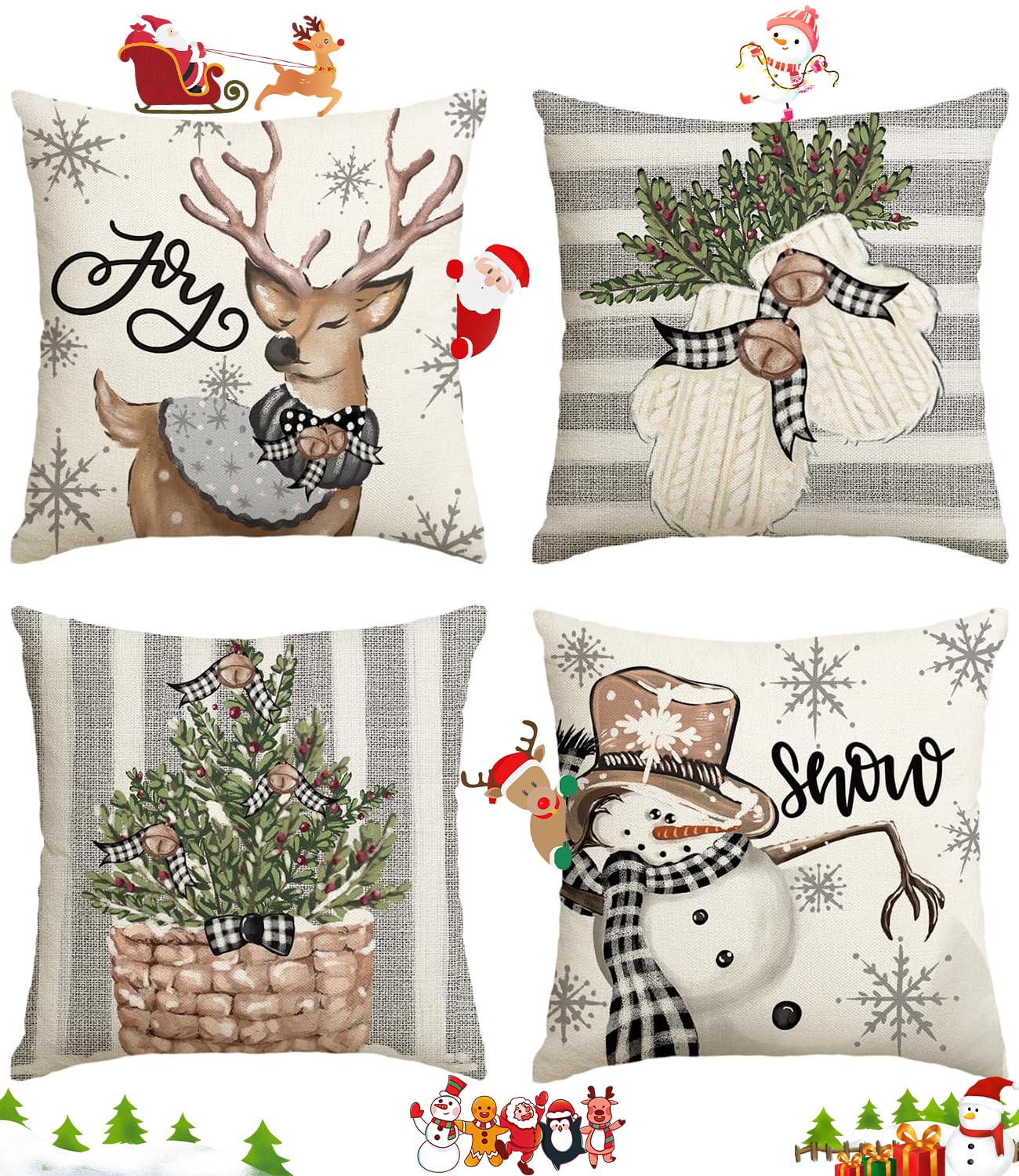 Set of 4 Christmas Cushion Cover, 45 x 45 cm Sofa Pillow, Christmas Cushion Cover, Decorative Cushions, Pillow Protector for Sofa Bed for Christmas Decoration (White)