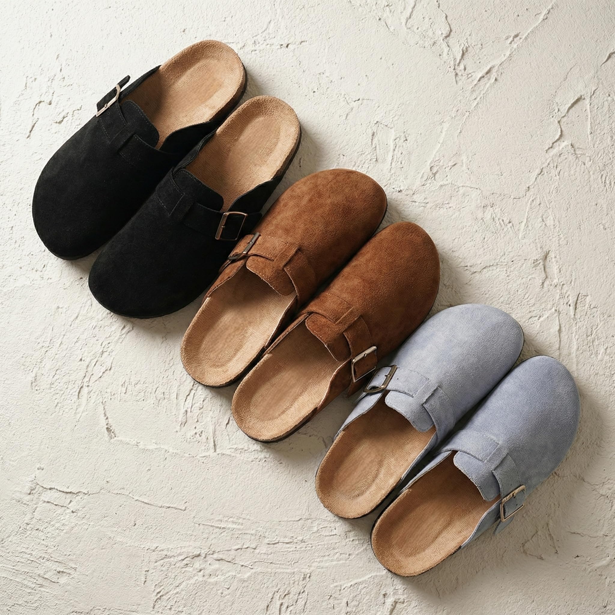GLAMORA Zuecos Mujer Cerrados con Hebilla Ajustable, Ante, Planos, Cómodos, Casual, Plantilla Anatómica de Corcho, Suela Antideslizante, Sin Cordones