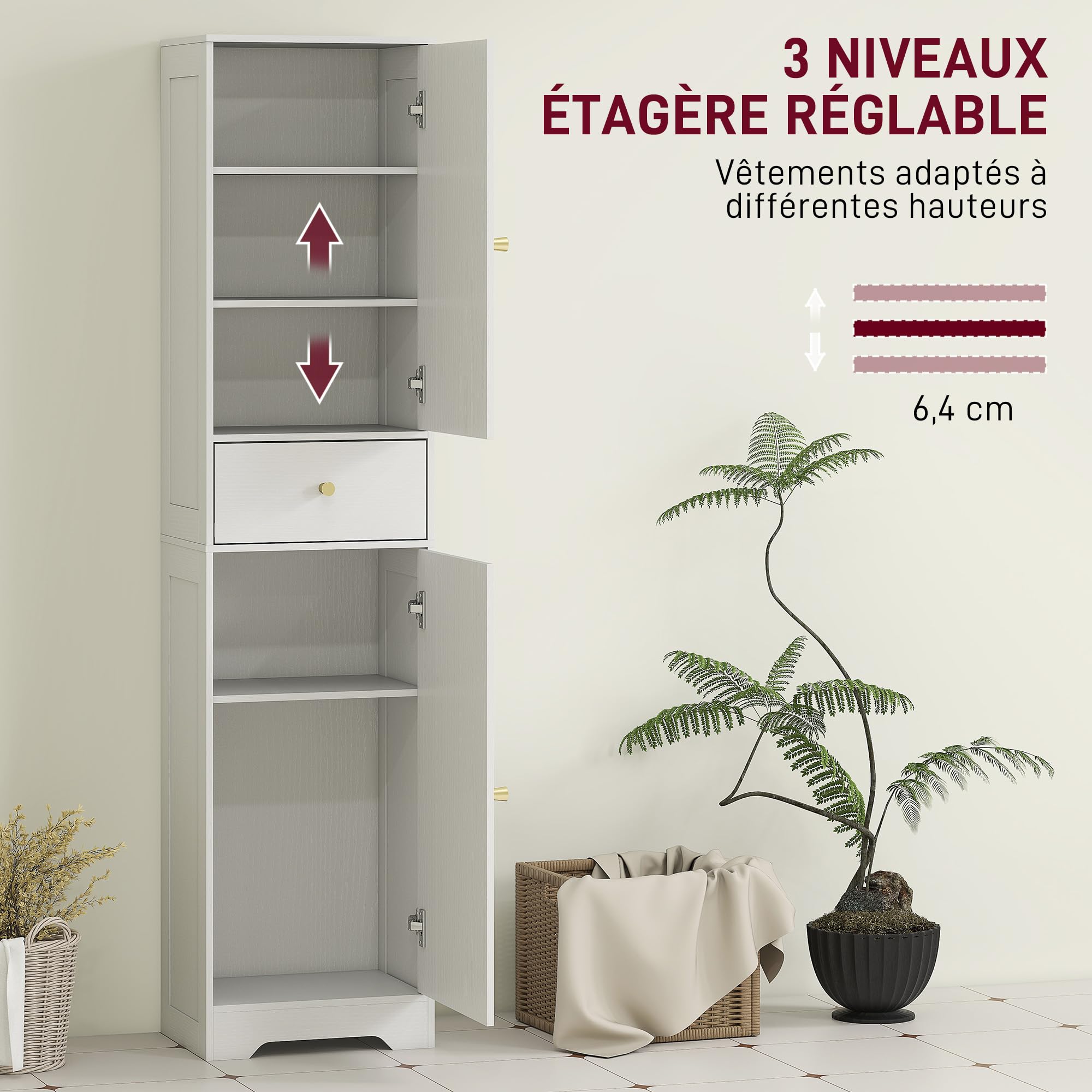 HOMCOM Armoire Salle de Bain Haute Placards Colonne 40x29,5x170 cm Blanc
