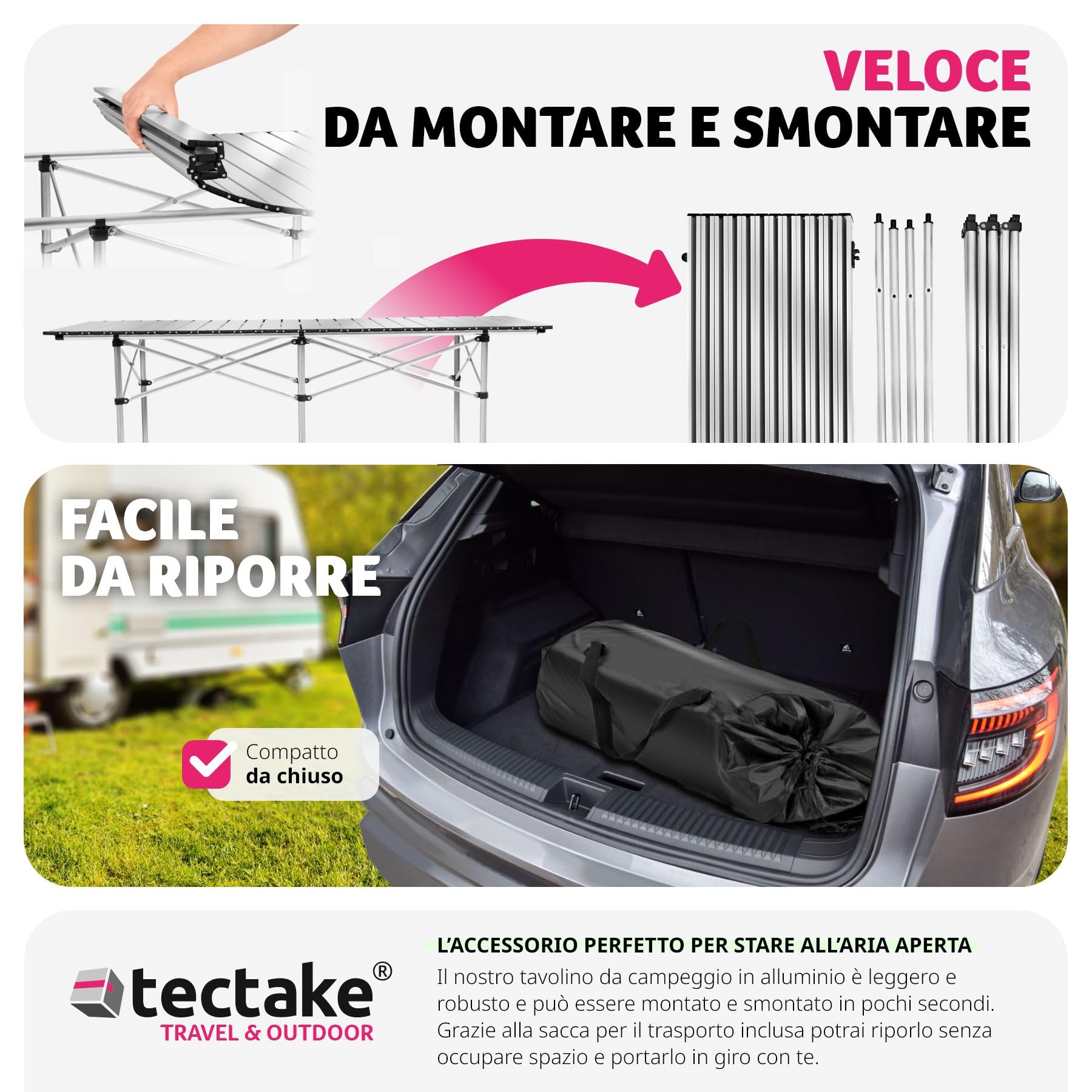 tectake® Tavolo da Campeggio Pieghevole, Telaio in Alluminio, Tavolo Salvaspazio con Pratica Borsa da Trasporto, Resistente alle Intemperie, 140x70x70 cm - Grigio
