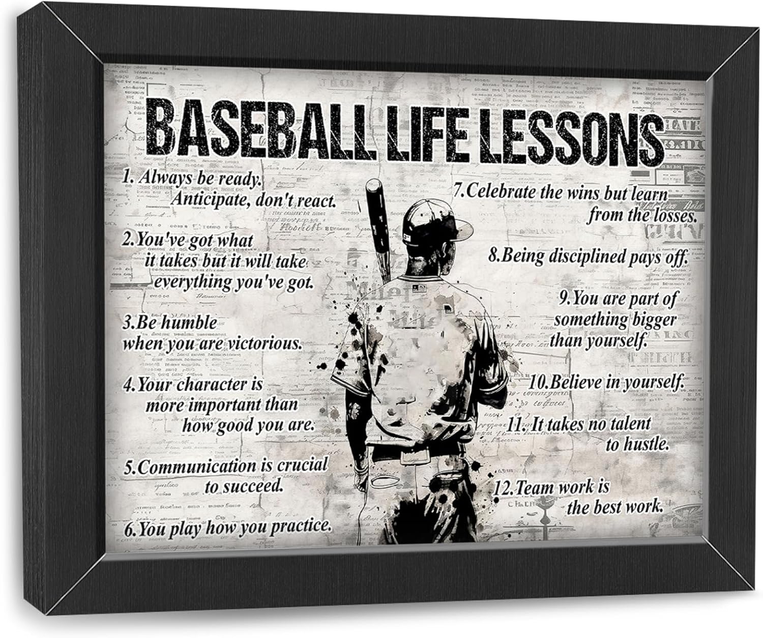 Baseball Wall Art Baseball Life Lessons Framed Wall Decor Sports Motivational Quotes Canvas Pictures Sign Poster Decorations Print Painting Artwork for Man Boy Room Living Room Bedroom 10x8 inch