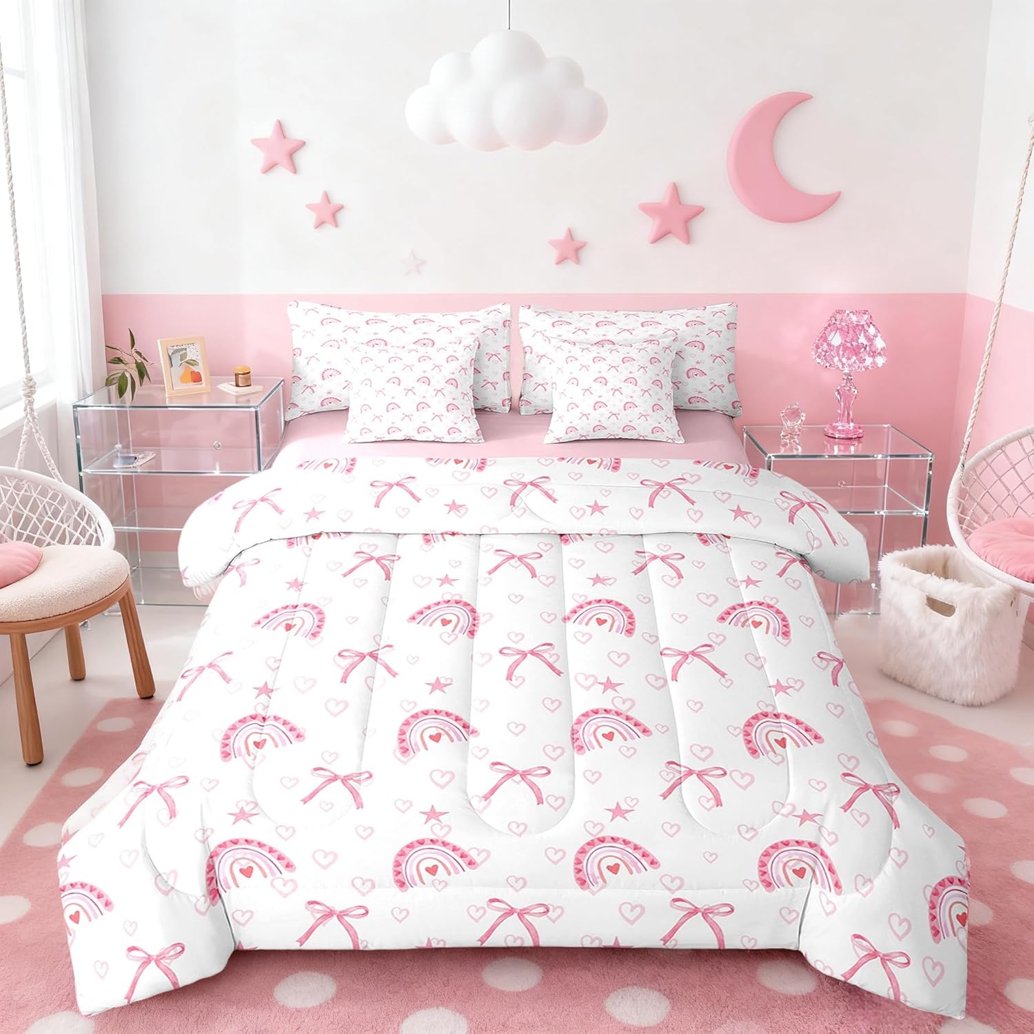 Manfei Pink Rainbow Comforter Set Twin,Dreamy Bowknot Bow Tie Princess Style Bedding Set,Kawaii Love Hearts Graffiti Pink White Bed Set 7 Pieces(Comforter+Fitted+Flat Sheet+Pillowcase+Pillow Cover)