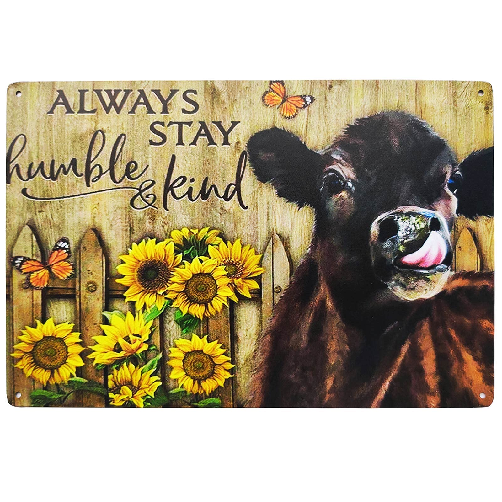 ZOVSON Always Stay Humble and Kind Vintage Tin Bar Sign Rustic Sunflower Decor Novelty Cow with Inspirational Quote Farmhouse Decor for Home, Kitchen, Bathroom 8X12 Inch