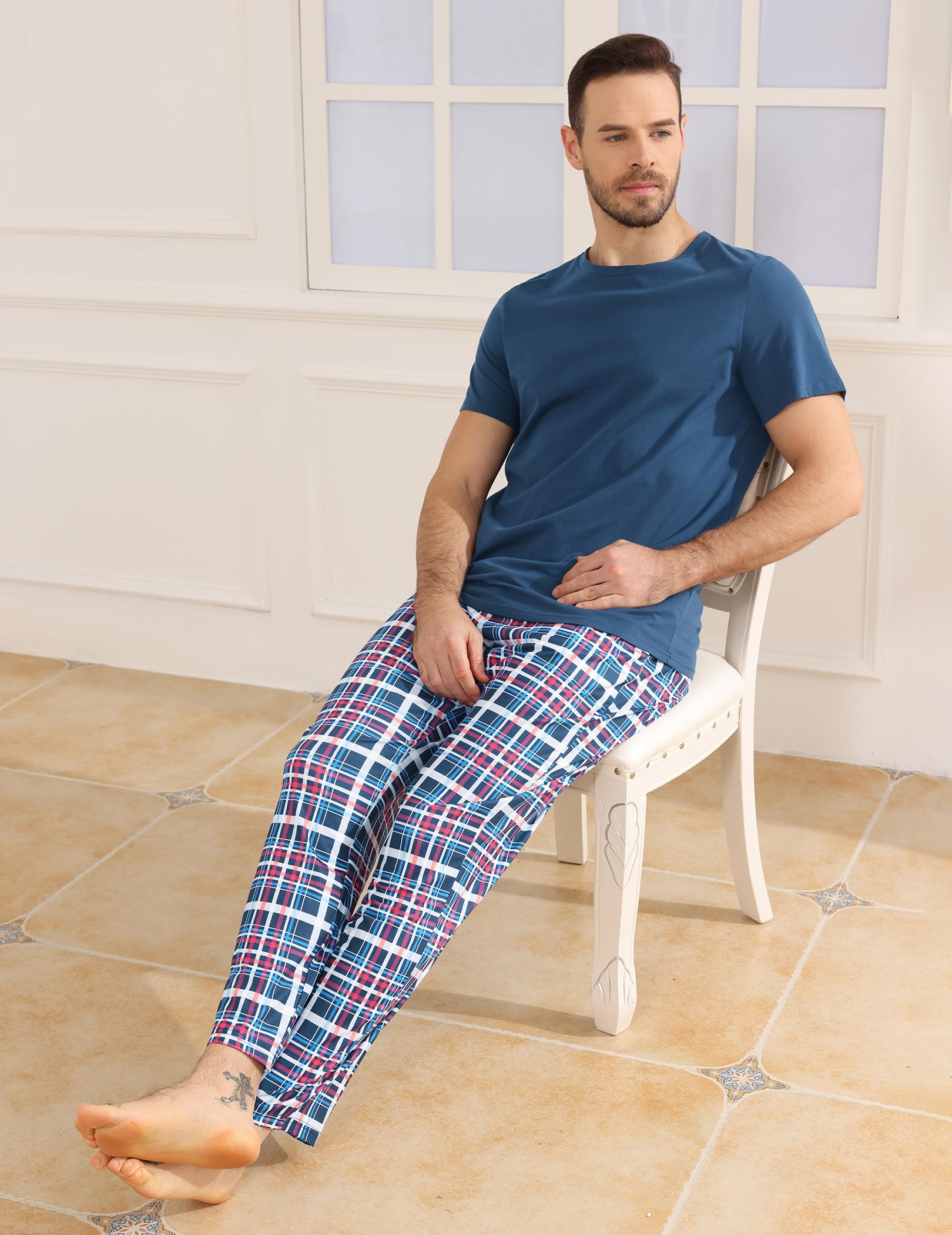 Pijama Hombre Largo Algodon Verano, Dos Piezas Ropa de Dormir, Conjunto Camiseta Manga Corta y Pantalones de Cuadros con Bolsillos, Ropa de Casa Suave Cómodo S-XXL