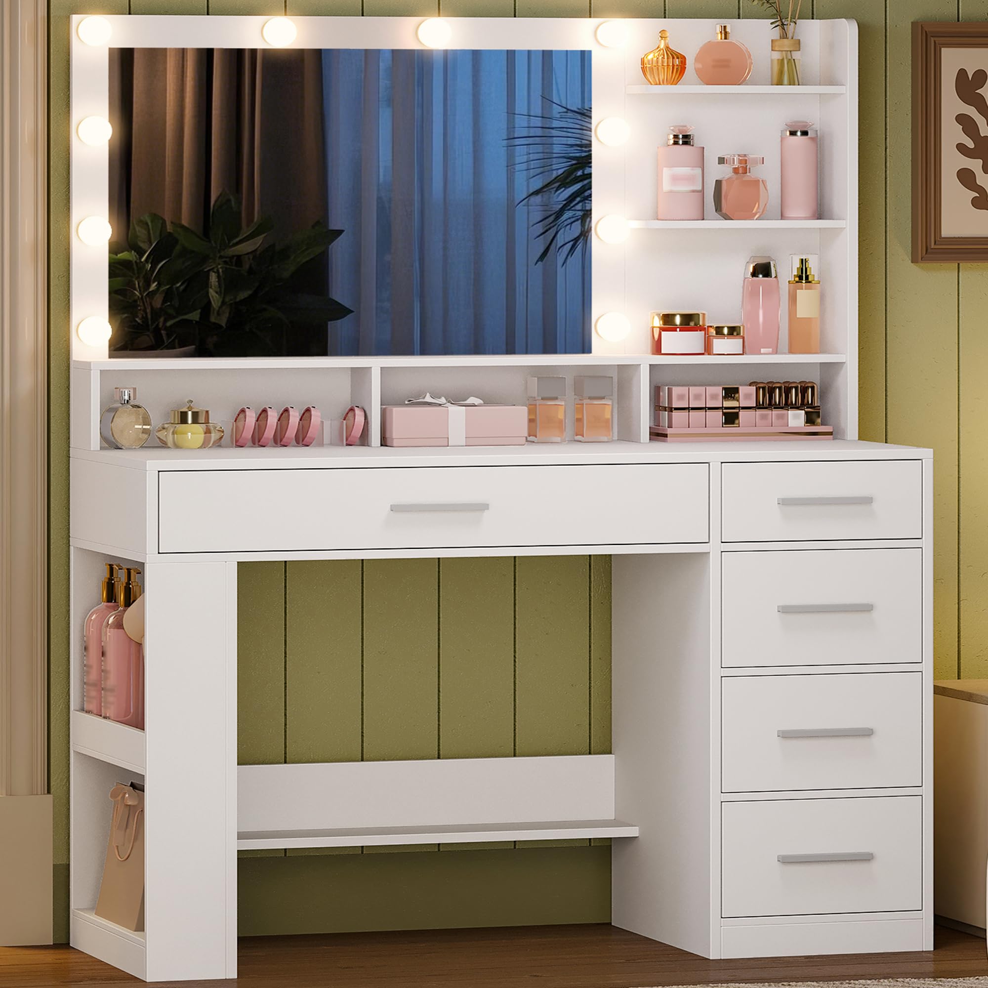 Hzuaneri Dressing Table with Large HD Mirror and LED Lighting, Vanity Desk for Bedroom, Makeup Vanity with 5 Drawers, Open Compartments and Side Open Storage, Adjustable Brightness, White DT42603XUK