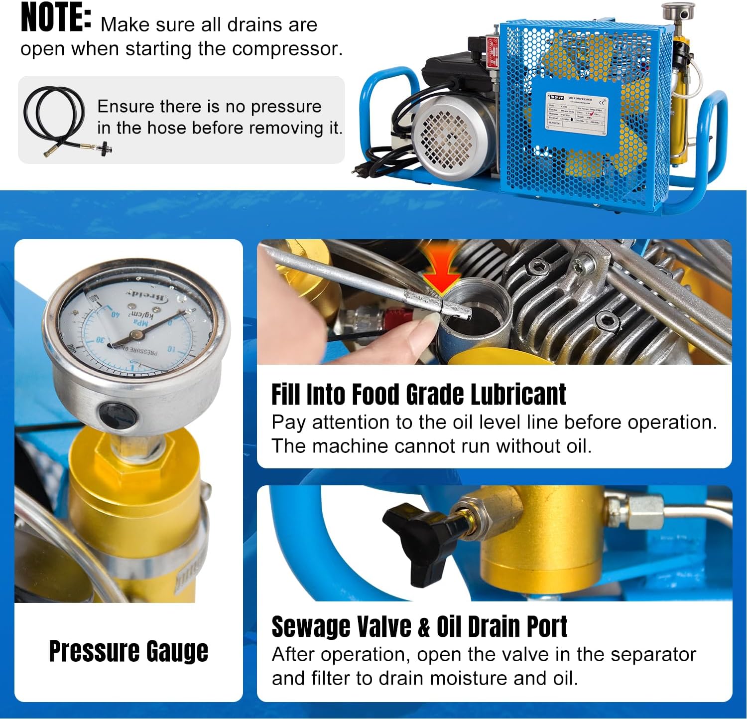 HPDMC Compact Electric Air Compressor 1.5KW / 2HP 110V/60HZ 2.8CFM 4500psi High Pressure Air Charging System for Scba PCP Paintball Tanks Filling