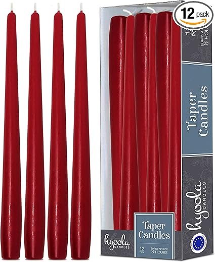 Hyoola Tall Taper Candles 10 Inch Cherry Red Unscented Dripless Taper Candles 8 Hour Burn Time 12 Pack