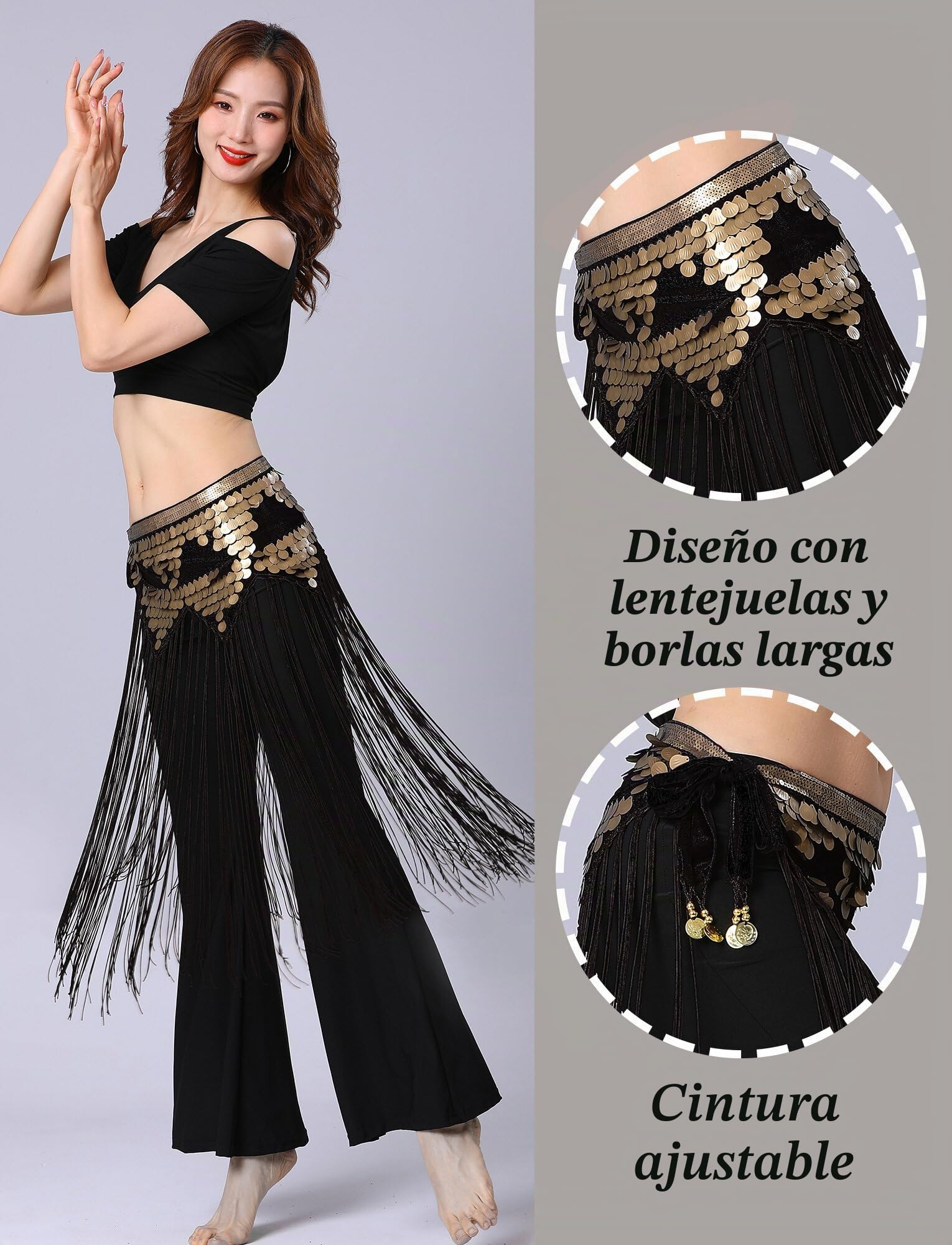 SEAUR Damas Danza del Vientre Pañuelo Lentejuelas Flecos Cinturón Envolvente Latino Danza Brillo Cinturón Falda Cintura Rumba Chacha Borla Falda de Baile