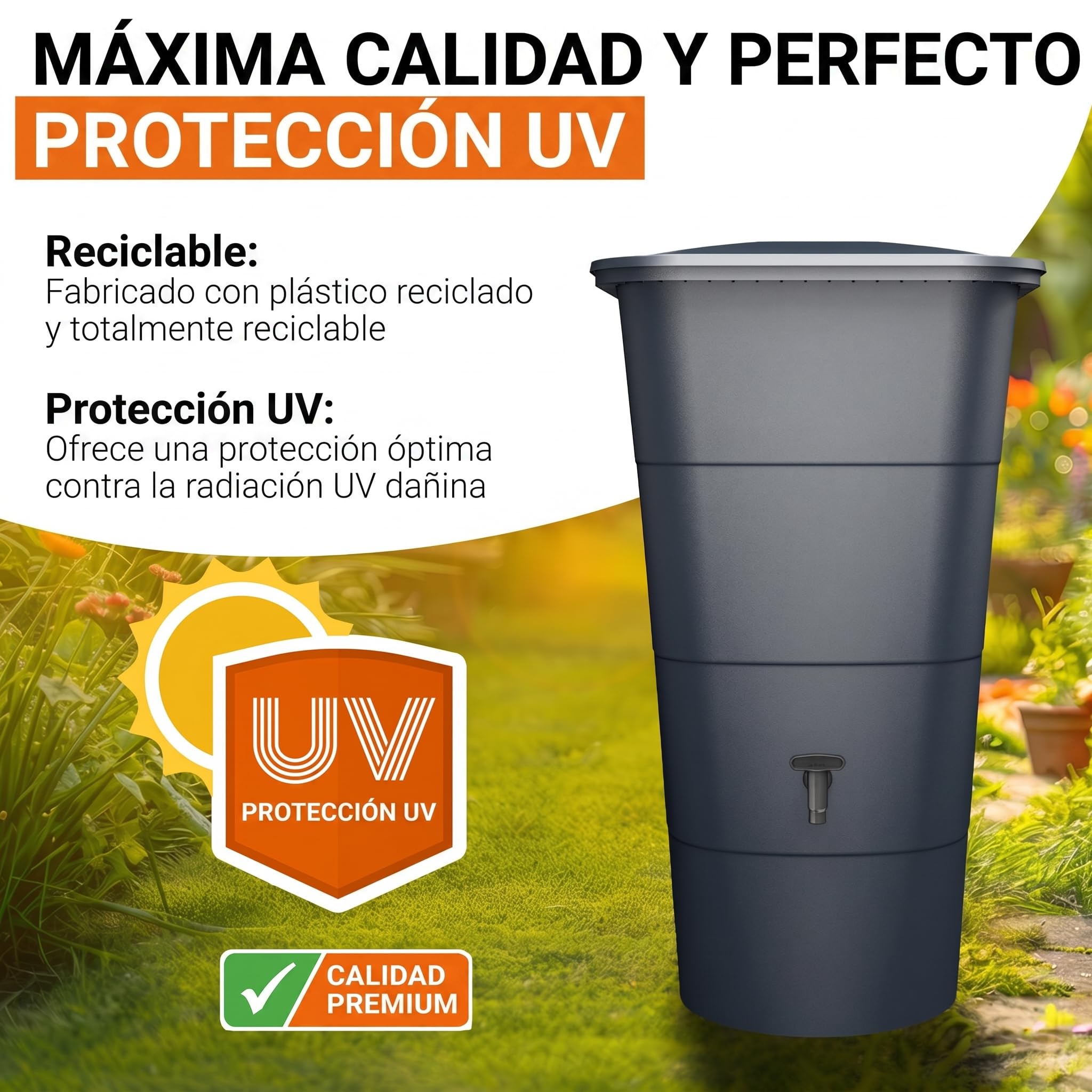 GARANTIA Ibiza depósito de Agua de Lluvia Cuadrado de 200 litros, Gris Grafito, Incluye Tapa y Grifo - diseño Moderno para Pared y Esquina - Estructura Estable de plástico Reciclado y Acabado Mate