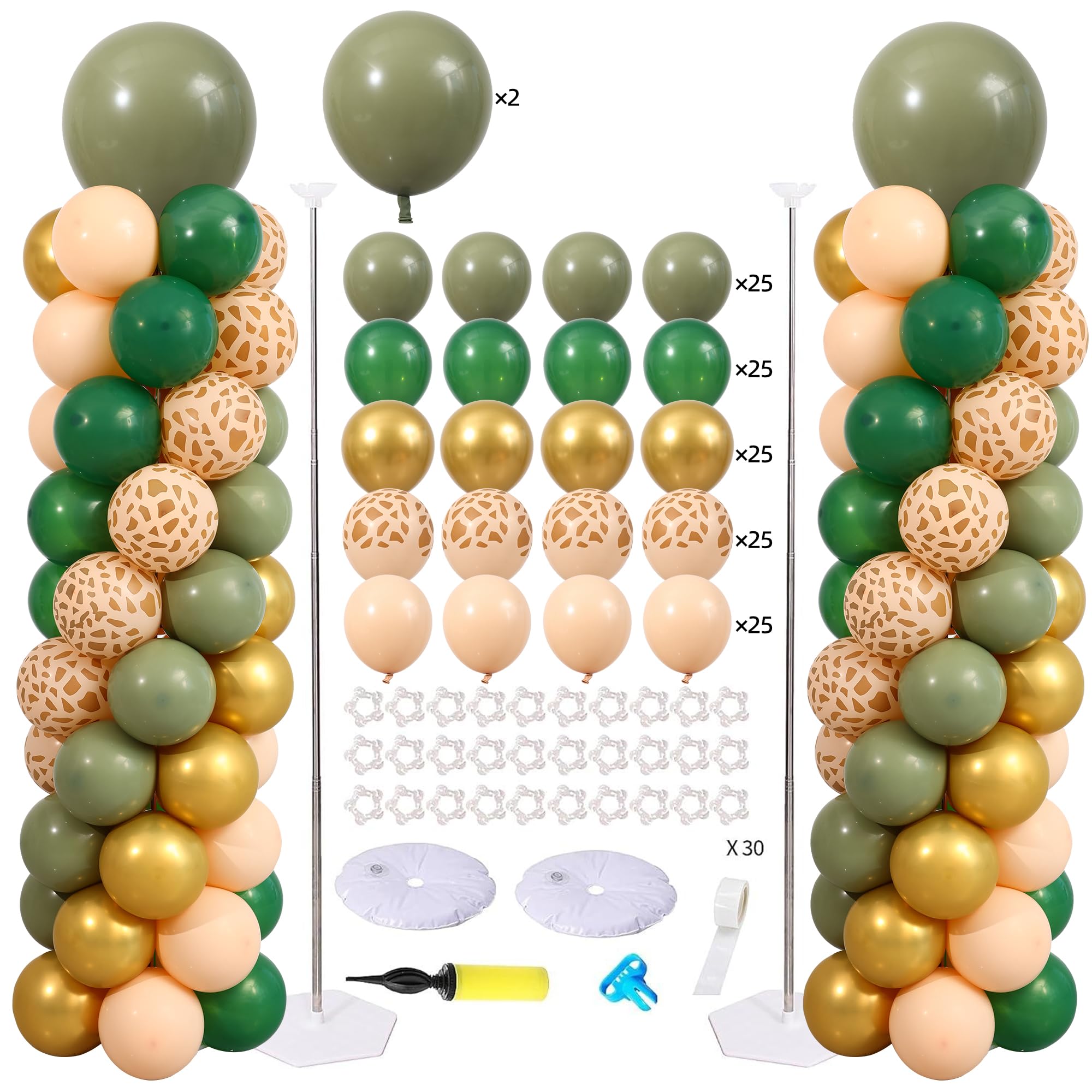 Safari Jungle Balloon Column Stand Kit Set of 2, Safari Baby Shower Wild One First Birthday Decorations with 125PCS Sage Green and Gold Animial Print