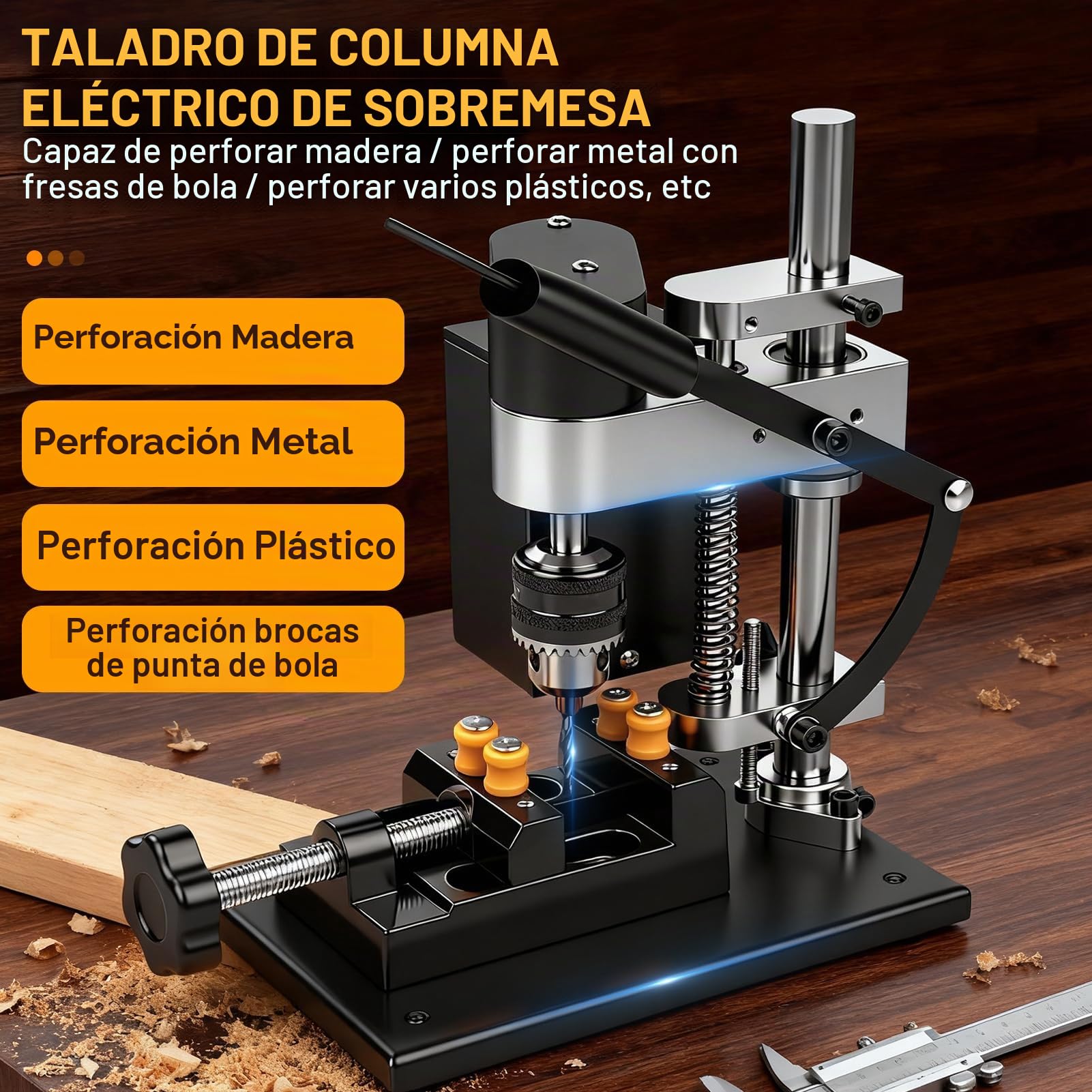 Mini Taladro De Banco, 200W Taladro De Columna EléCtrico Taladros Vertical, 4000rpm 7 Velocidades Mini Mesa De Prensa Taladro Para Taladrado Directo De Metal, Madera, Ajuste Altura De 50mm