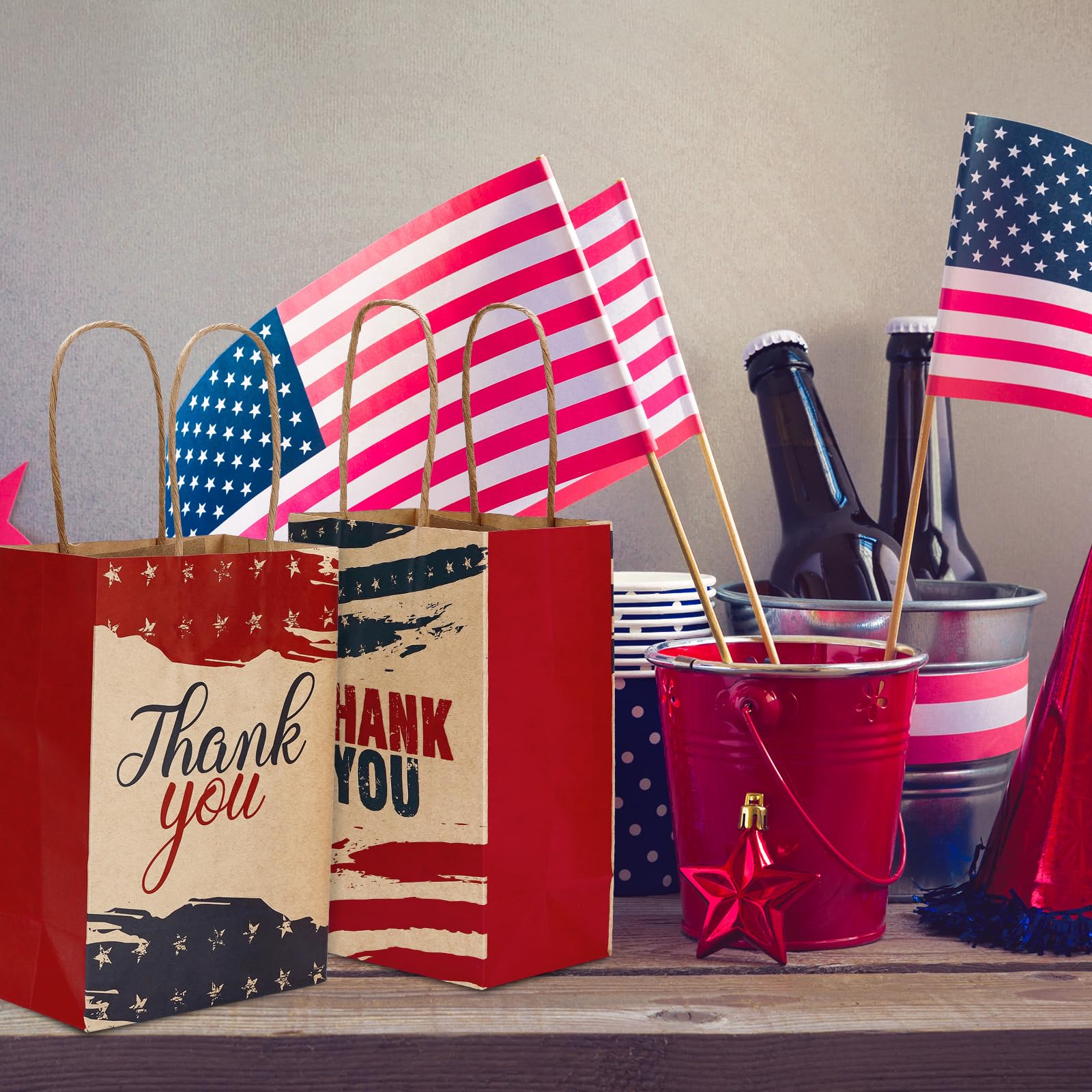 18Pcs Patriotic Thank You Gift Bags - Red White Blue American Flag Kraft Bags With Tissue Paper