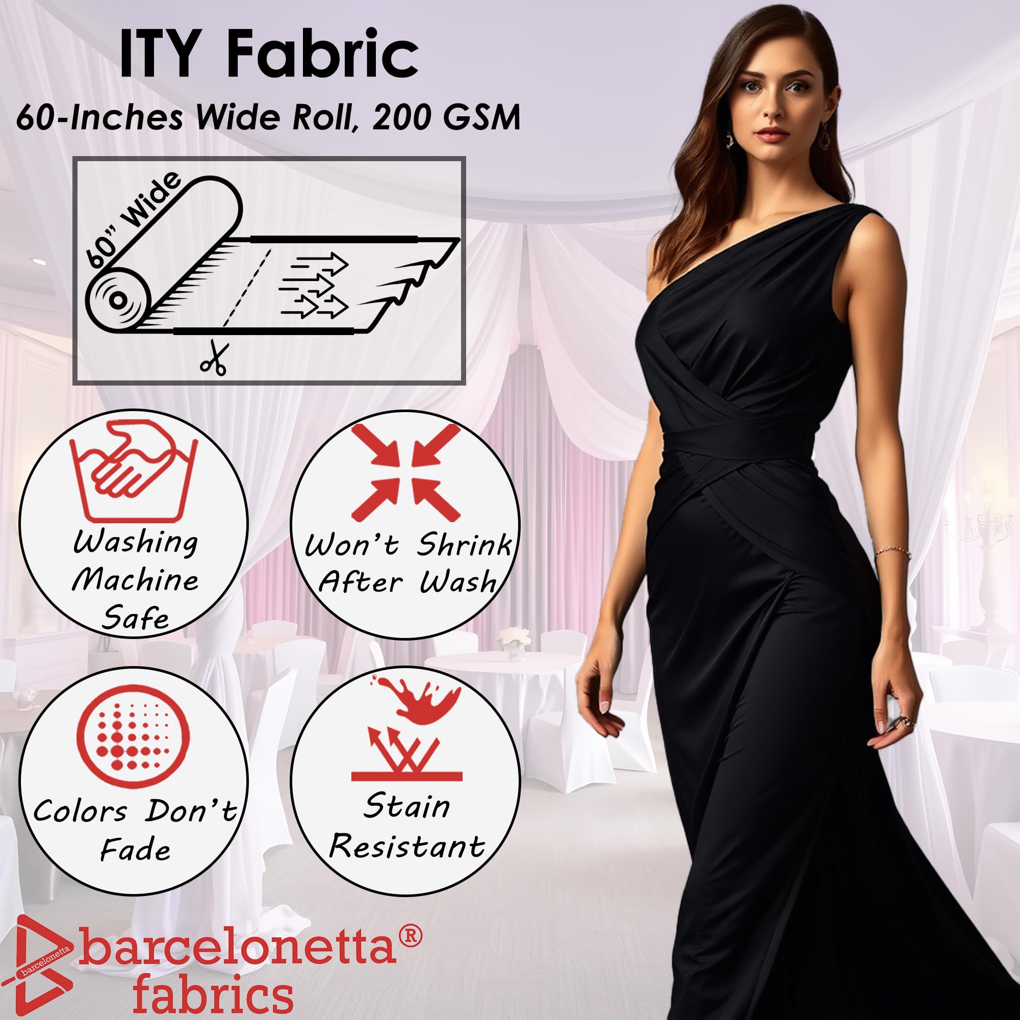 FABRICITY Tela | 2 yardas | Tejido de punto de elastano | Elástica | Antiarrugas, transpirable | 60 pulgadas de ancho | Ropa, vestido, parte superior, falda (negro, 2 yardas)