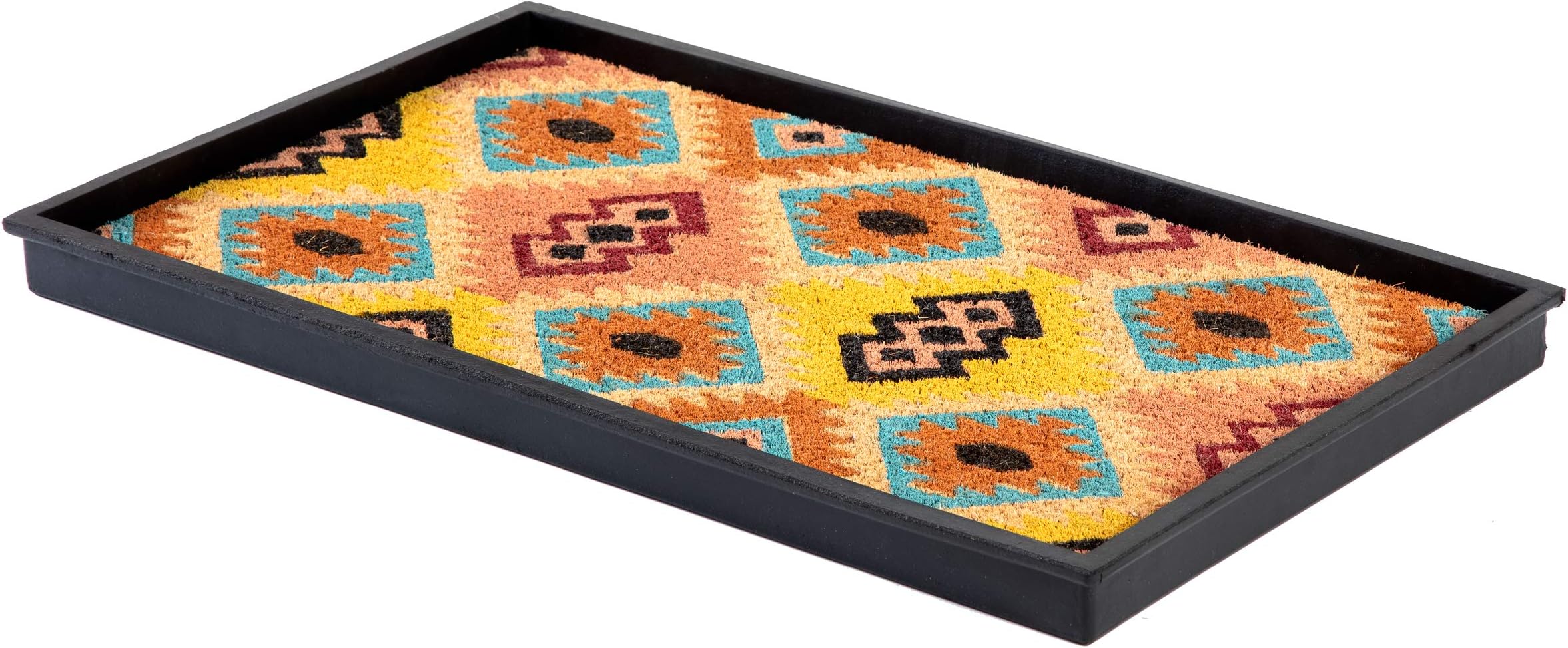 Anji Mountain Black Rubber Boot/Shoe Tray with Coir, Fits 2 Pair (24.5" Wide), Tan and Multi Insert