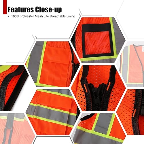 Vista 33 de Chaleco de seguridad para mujer, chaleco de alta visibilidad con 8 bolsillos y cremallera frontal, chaleco reflectante de malla que cumple