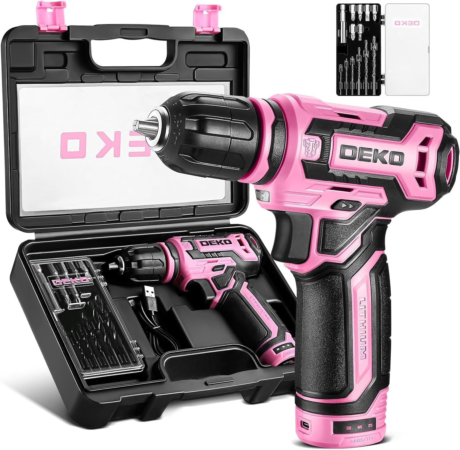 Cordless Drill：DEKOPRO 12V Power Battery Drill Set with Small Electric Drills and 3/8-inch Keyless Chuck with Portable Tool Set Gift Box (Pink)