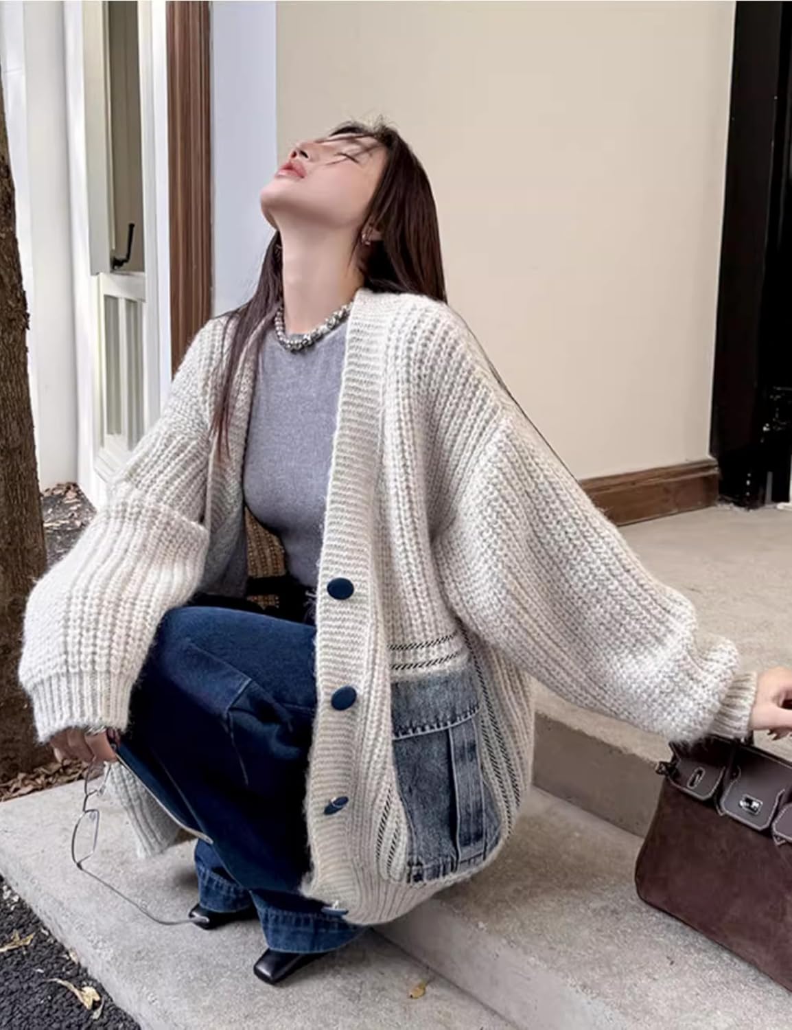 Womens Long Sleeve Patchwork Cardigan Sweater Denim Pockets V Neck Button Down Knit Open Front Coat Outwear - Image 4