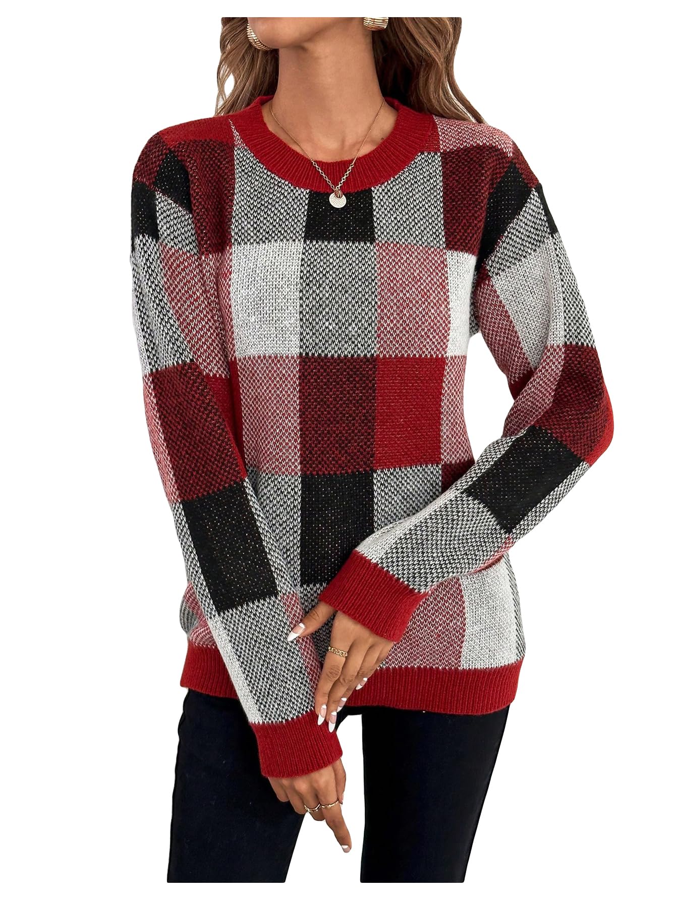 GORGLITTER Women's Argyle Checkered Sweater Plaid Long Sleeve Fall Knit Sweater Pullover Tops Burgundy X-Large