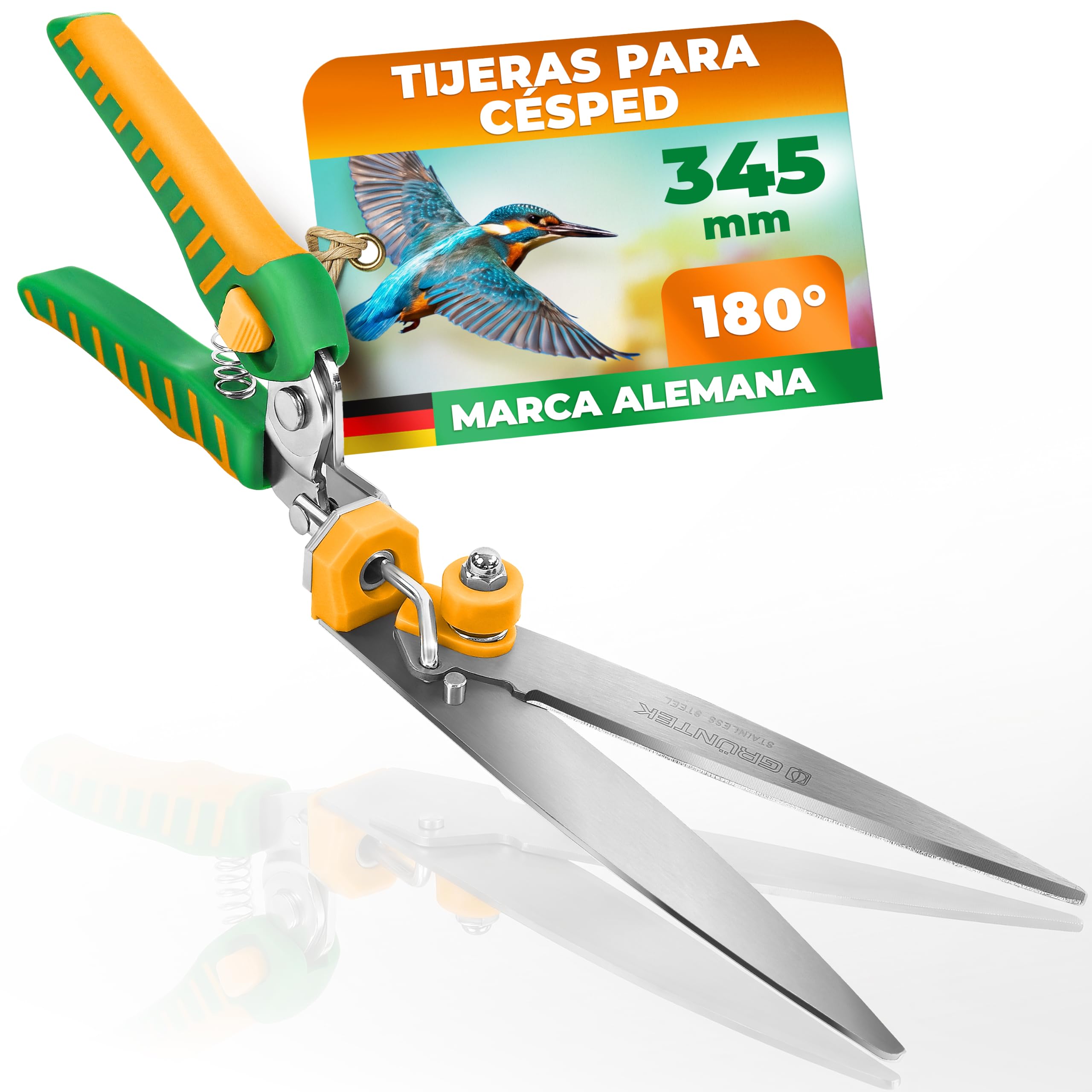 GRÜNTEK Tijeras Podar Hierba Cizalla Cortacésped PREMIUM en Acero INOX de 345 mm Verde Amarillo. Corte Ajustable 180° Mango Ergonomicos