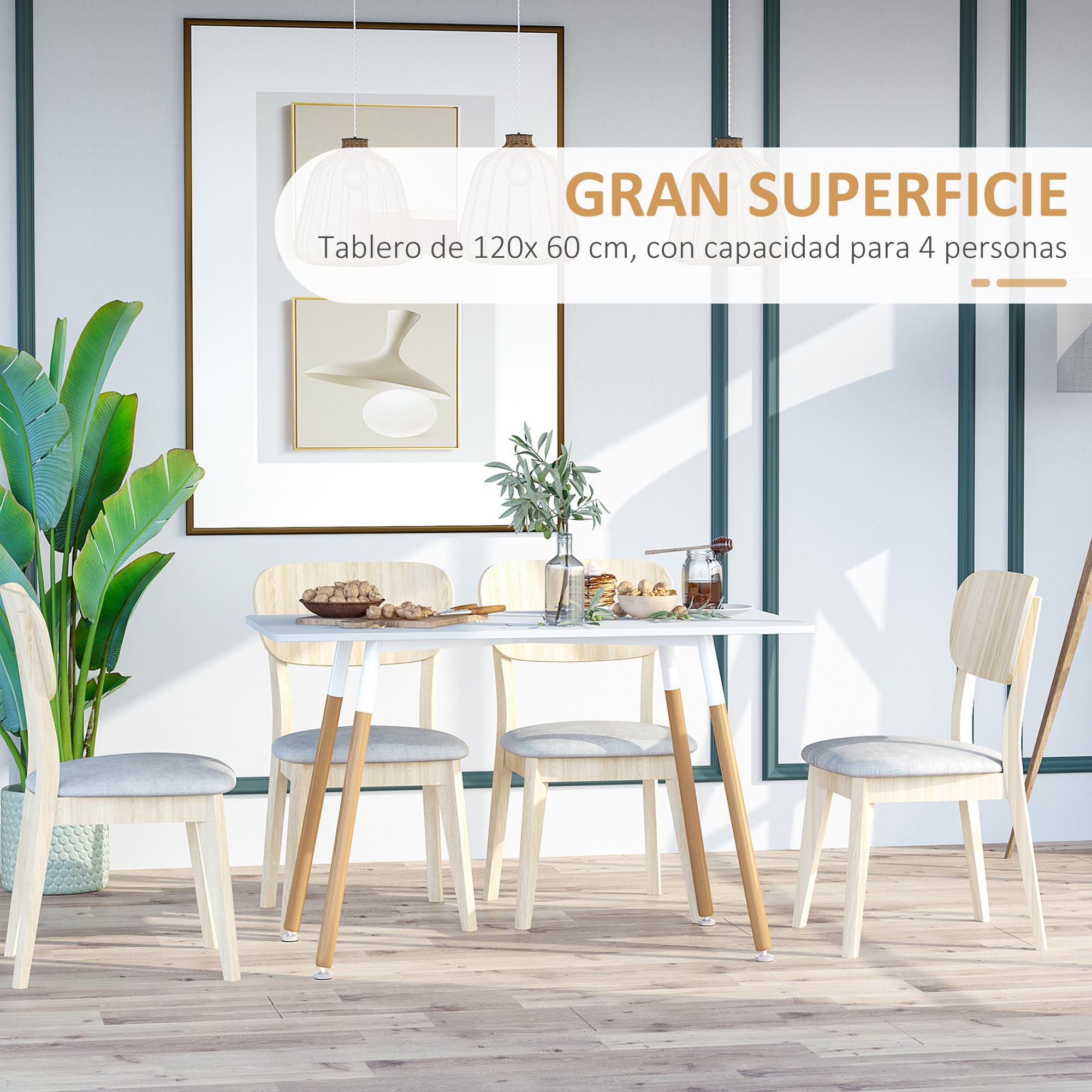 HOMCOM Mesa de Comedor Estilo Nórdico Mesa de Cocina 120x60x75 cm Blanco | Patas de Madera de Haya, Estructura de Metal