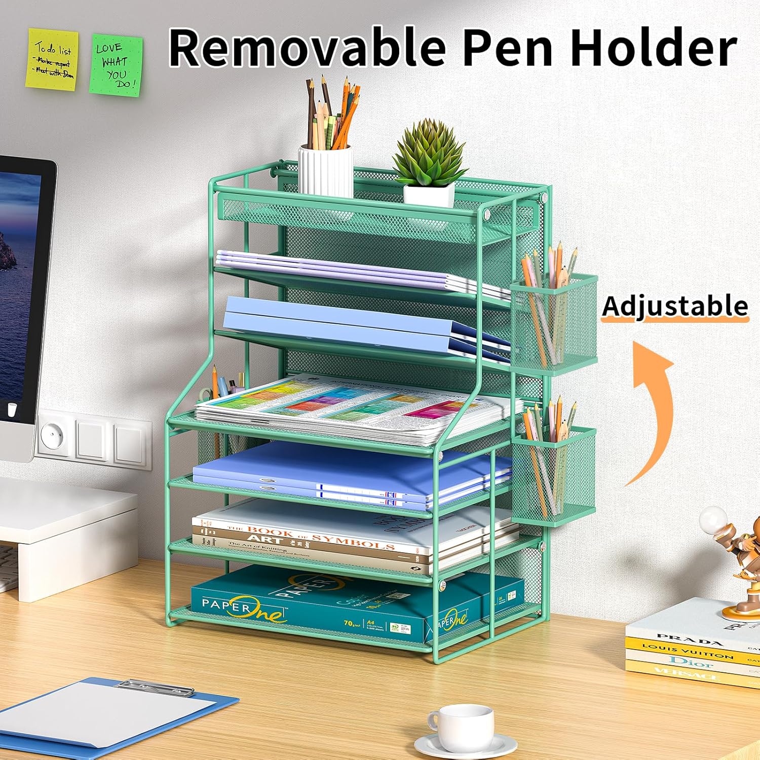 7 Tier Desk File Organizer,Metal Document Holder with Adjustable Shelves, Pull-Out Drawer & Removable Pen Holder for Office Organization,Green