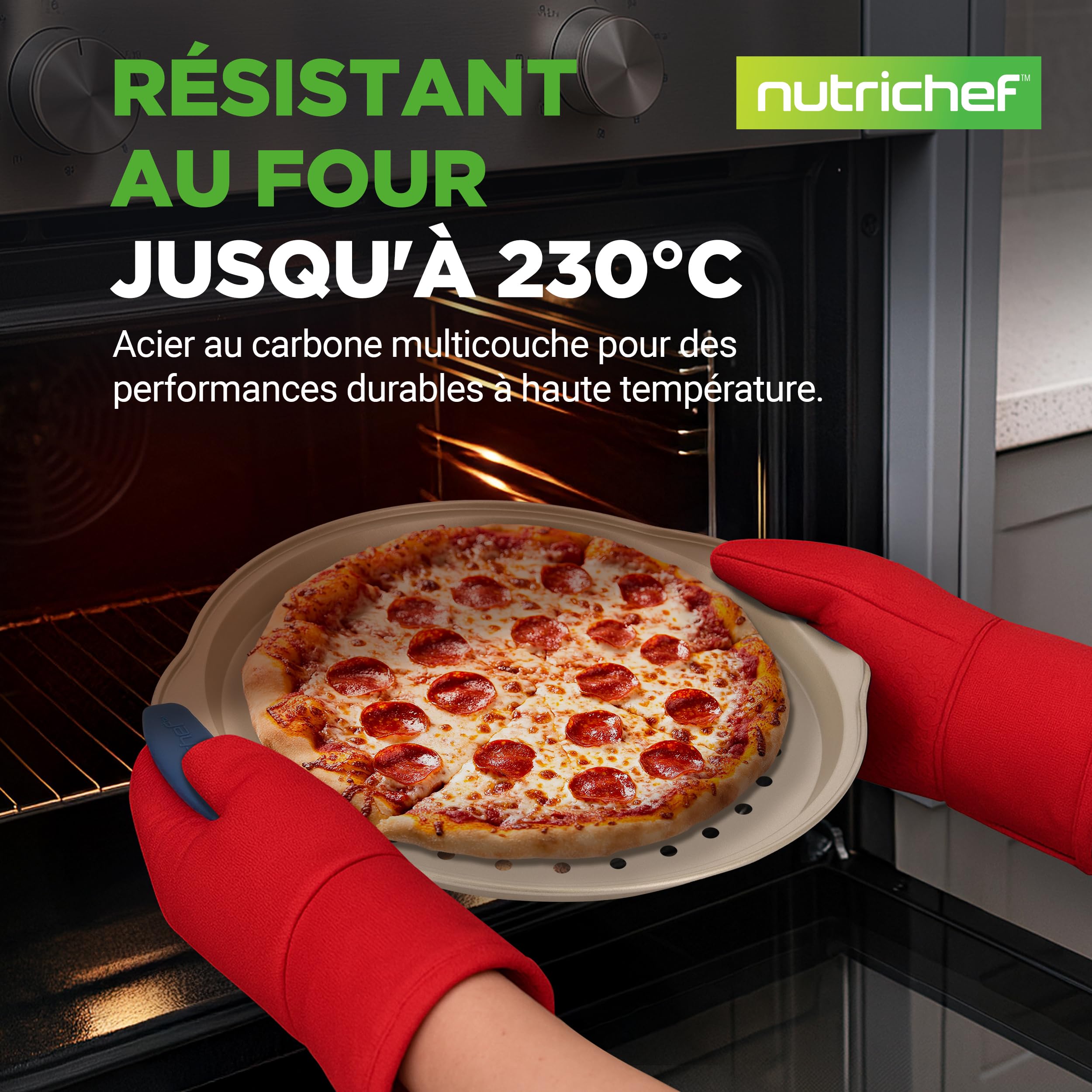 NutriChef Set de 3 Plaques à Pizza - Moules à Pizza Antiadhésif avec Poignée en Silicone avec Trous Perforés - Acier Carbone Durable - Tailles Petit, Moyen, Grand - Doré, Gold