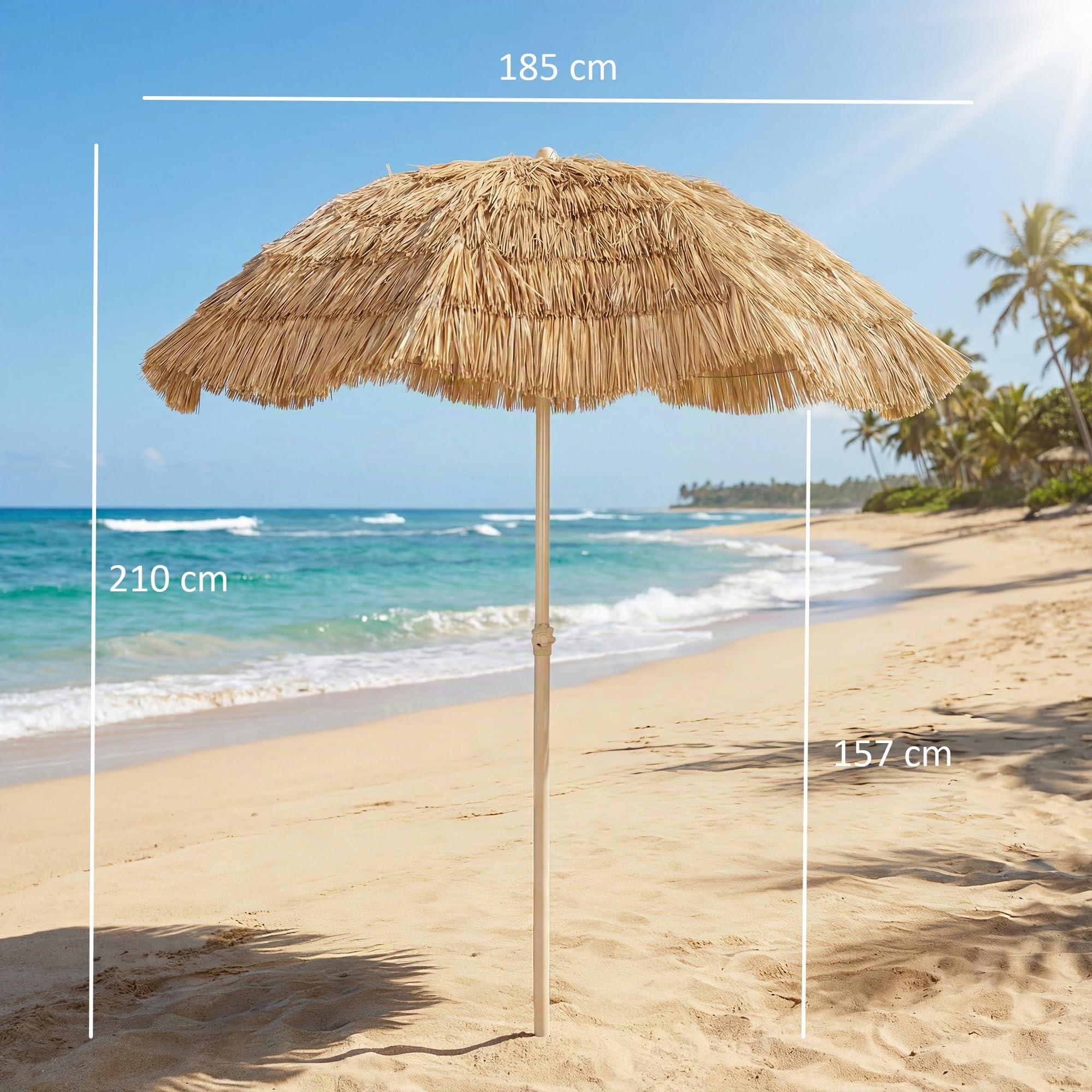 Outsunny Parasol de plage Ø 1,85 m Grand Inclinable Style Hawaïen Kaki