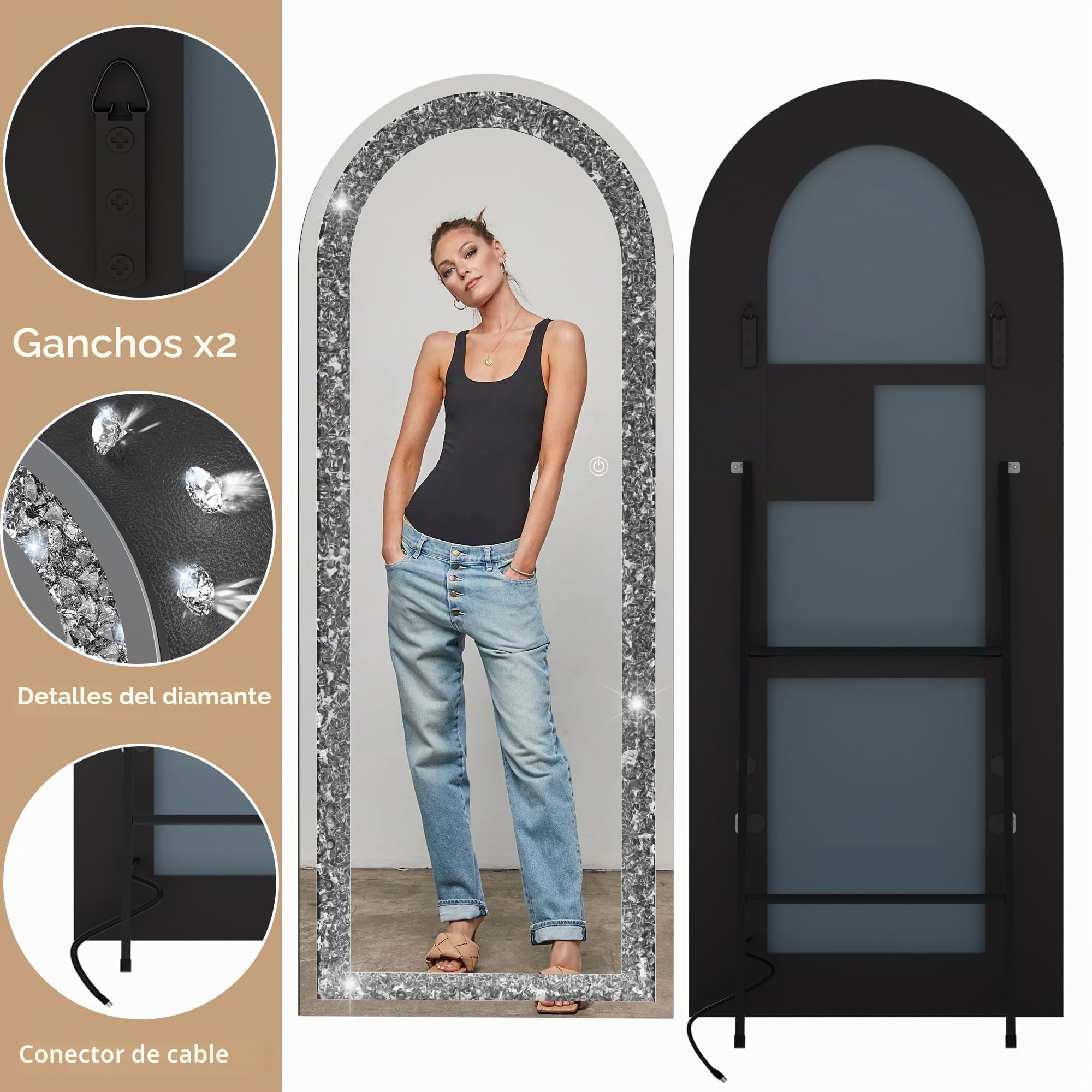 Hasipu - Espejo de cuerpo completo de 71"x24", diseño de arco LED con diamante triturado de cristal, espejo de diamante montado en la pared para sala de estar y dormitorio, con función de atenuación y