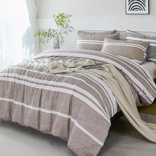 ZRNBAST Juego de edredón de 7 piezas a rayas, tamaño Queen, color gris y verde oliva, juego de ropa de cama a rayas de bloque de color, para todas