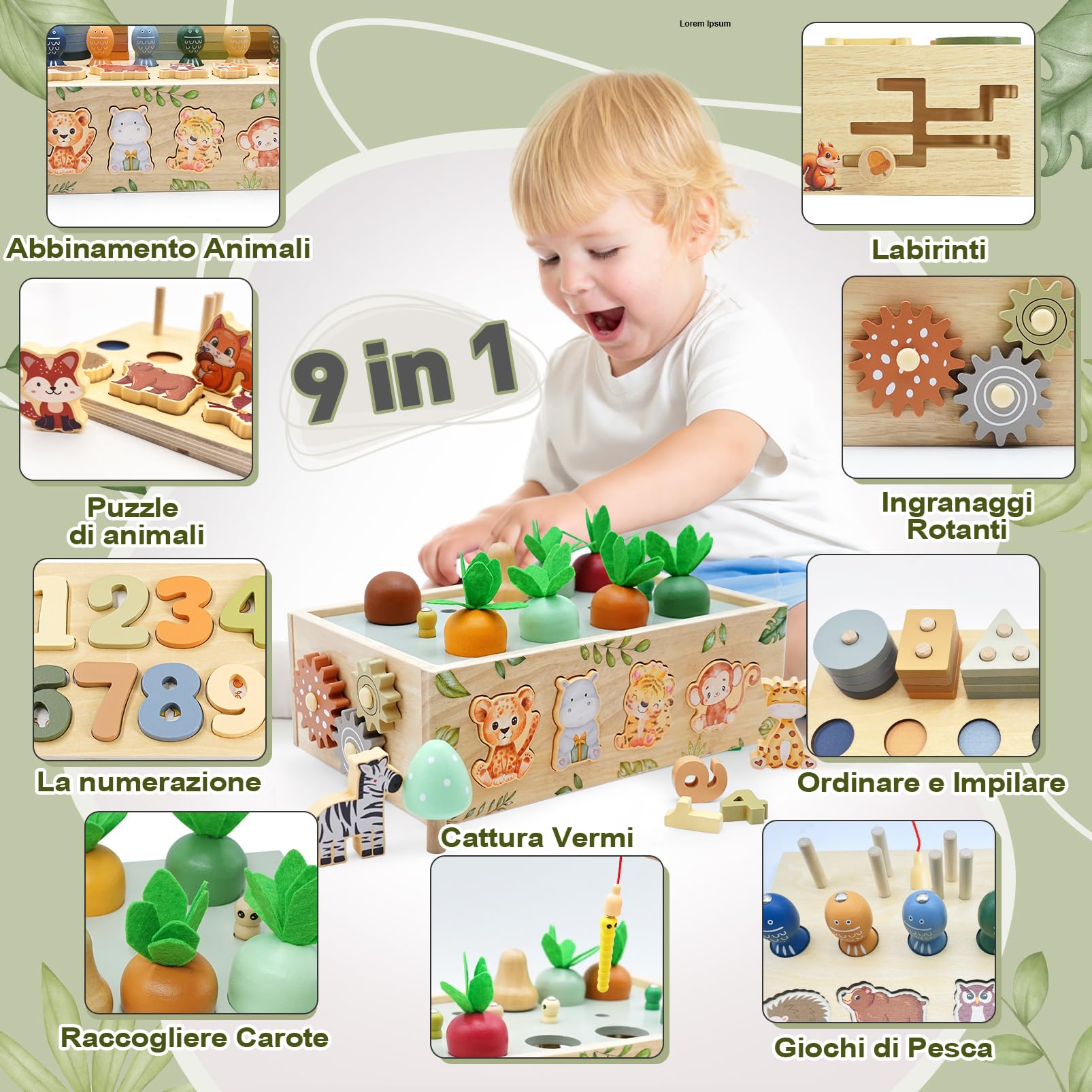 Giochi Montessori 1 2 3 Anni, 9 in 1 Giochi di Legno per Bambini 1 Anno, Giocattoli Bambini 123 Anni Montessori Maschio Femmina, Giochi Educativi 1 2 3 Anni Legno, Regalo Bambino Bambina