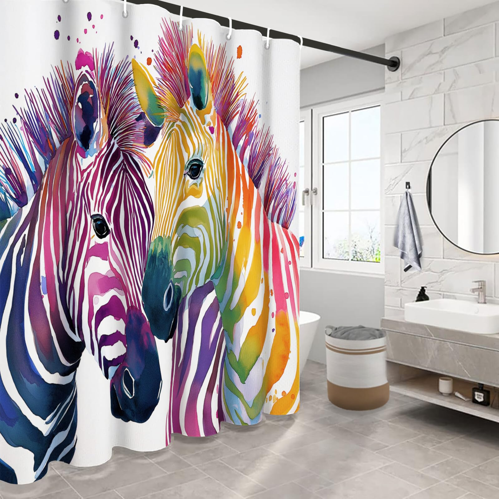 Rideau De Douche Zèbre Peint Animaux À L'Aquarelle Tissu Imperméable Lavable avec Crochets Anti Moisissure en Polyester Rideau Douche pour Salle De Bain