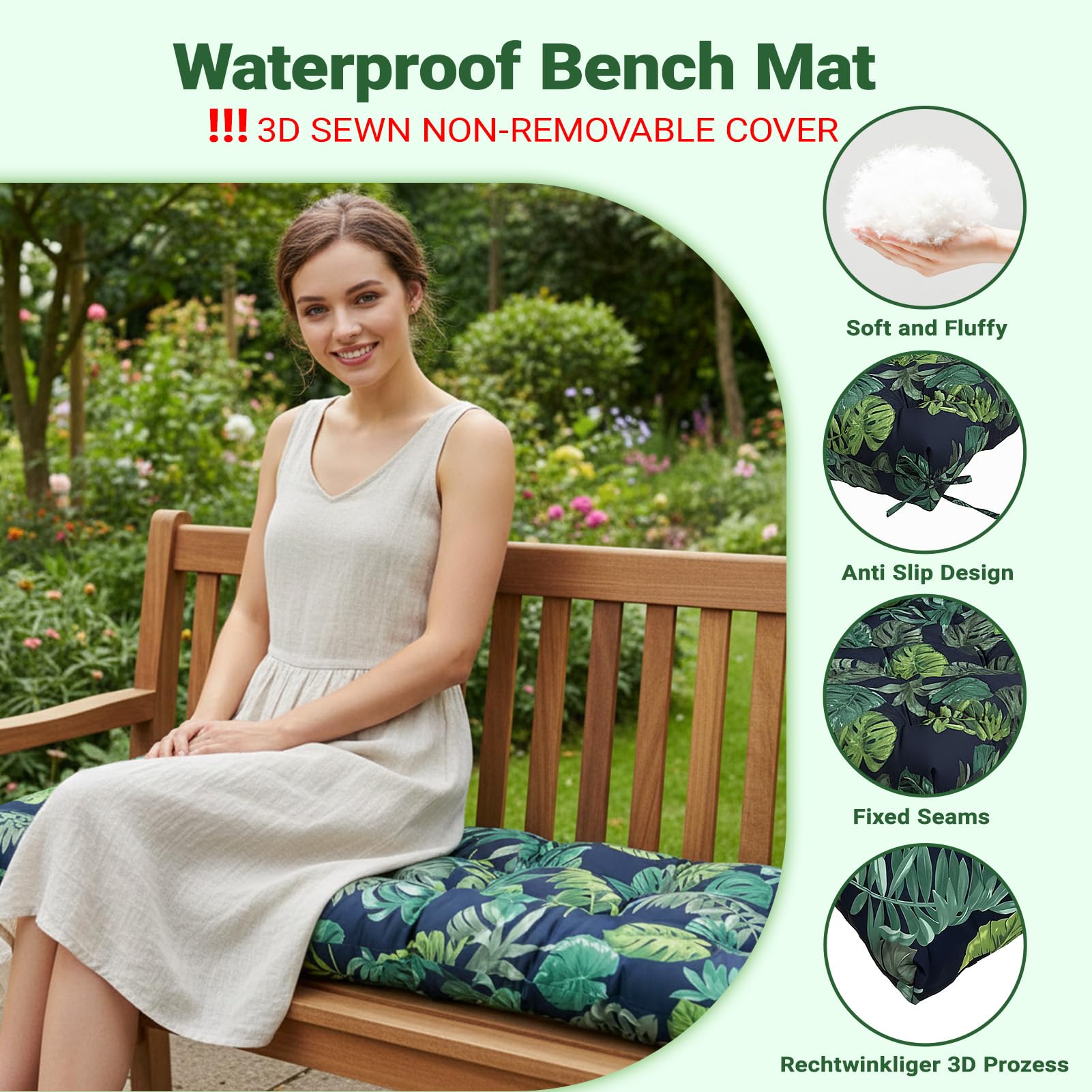 Bench Cushion Outdoor Garden Waterproof: Thick Fade Resistant Rectangle Replacement Sitter Pad with Tie-On Straps for 2-3 Seater Indoor Patio Porch Window Kitchen Dining Chairs (Green, 130X50X10cm) — view 2