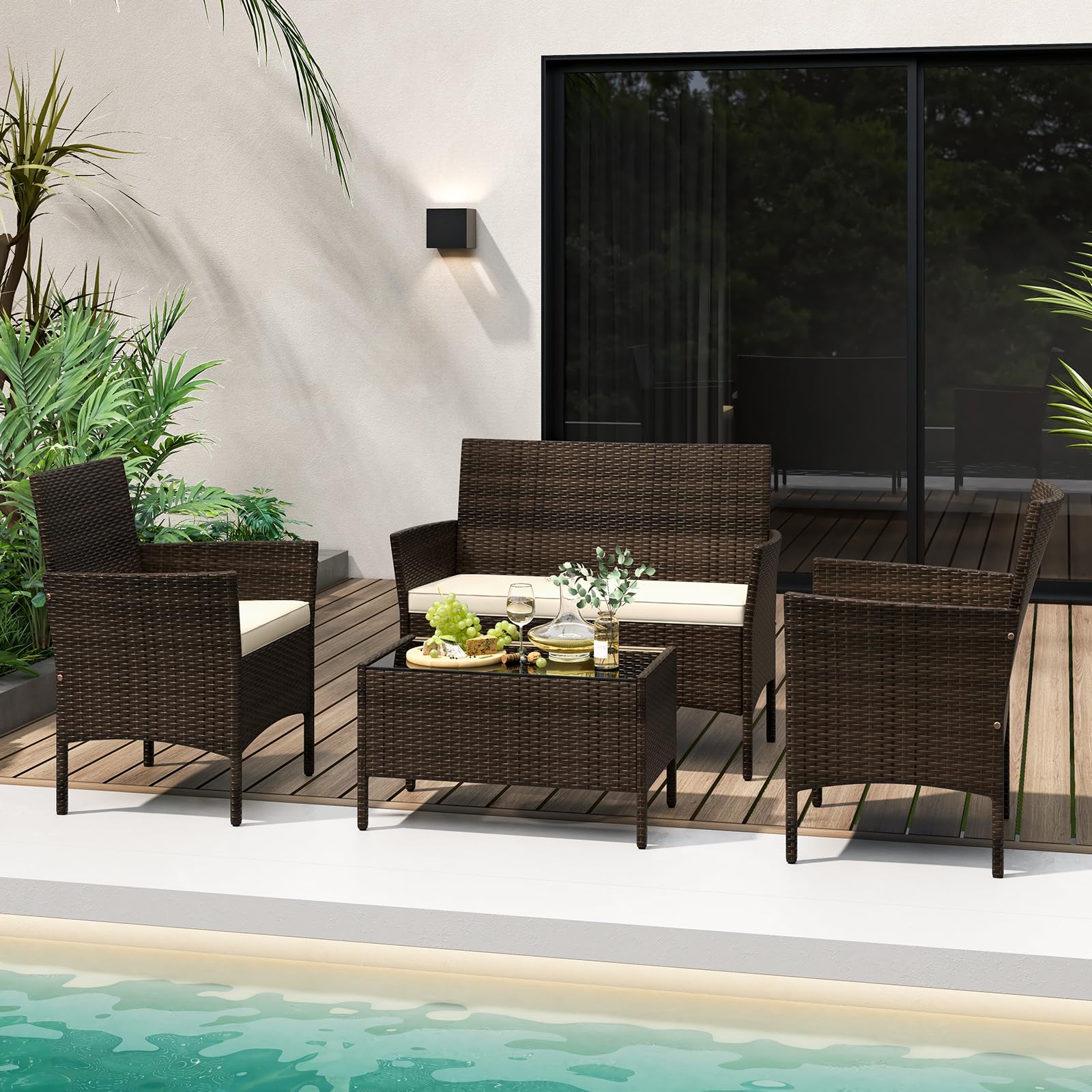 COSTWAY Set di Salotto da Giardino in Rattan 4 Pezzi, Set Mobili da Esterno in Vimini con Cuscini Morbidi, Divanetto e Poltrona con Tavolo in Vetro Temperato per Giardino e Veranda (Marrone)