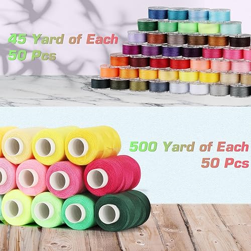 Miniatura 3 de Blibly 100 piezas de kit de hilos de coser y bobinas, 500 yardas de hilos de poliéster, bobinas preenrolladas con estuche, 50 colores