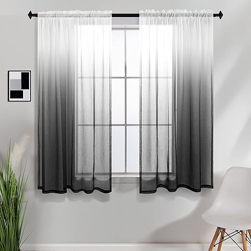 KOUFALL Cortinas de ventana de baño para ducha, juego de 2 paneles de cortinas cortas transparentes en blanco y negro para cocina, dormitorio,