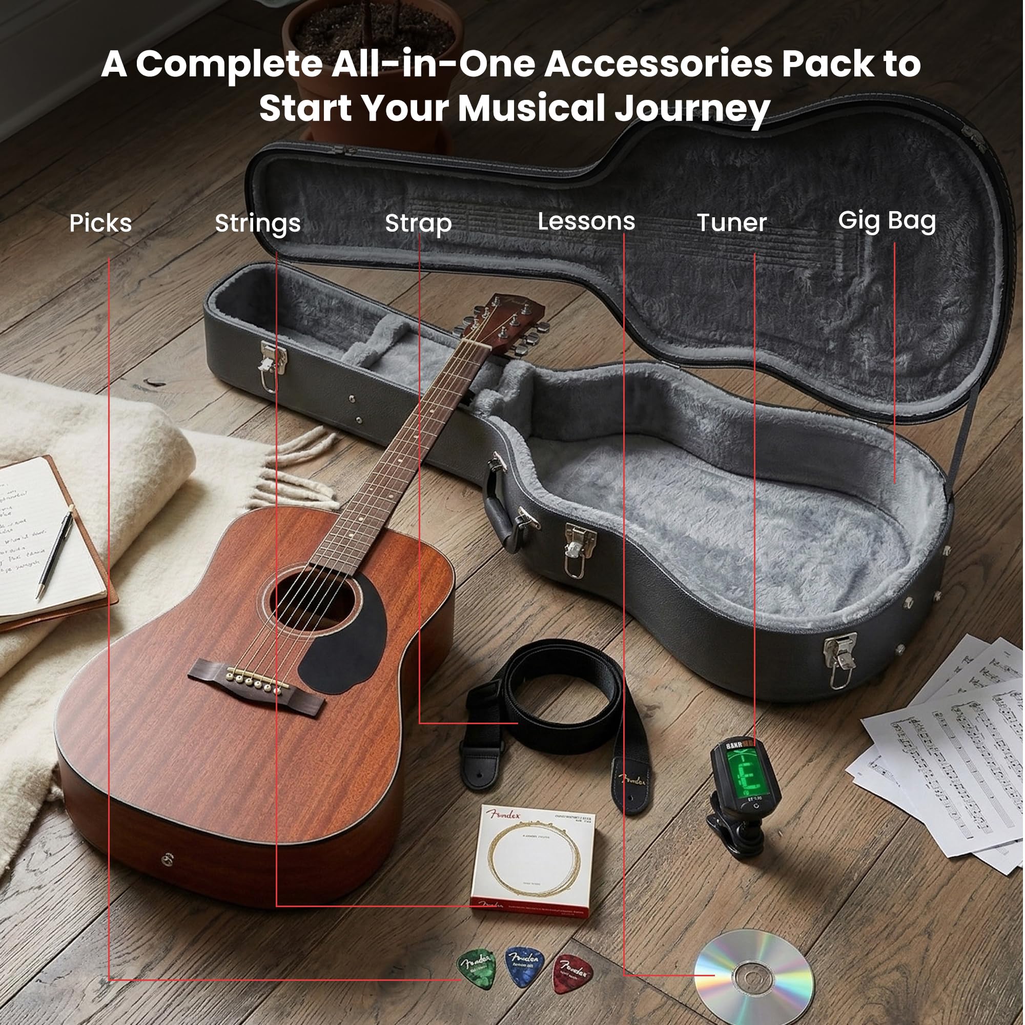 Fender CD-60S Solid Top Dreadnought Acoustic Guitar - All Mahogany Bundle with Hard Case, Tuner, Strap, Strings, Picks, and Austin Bazaar Instructional DVD - 2