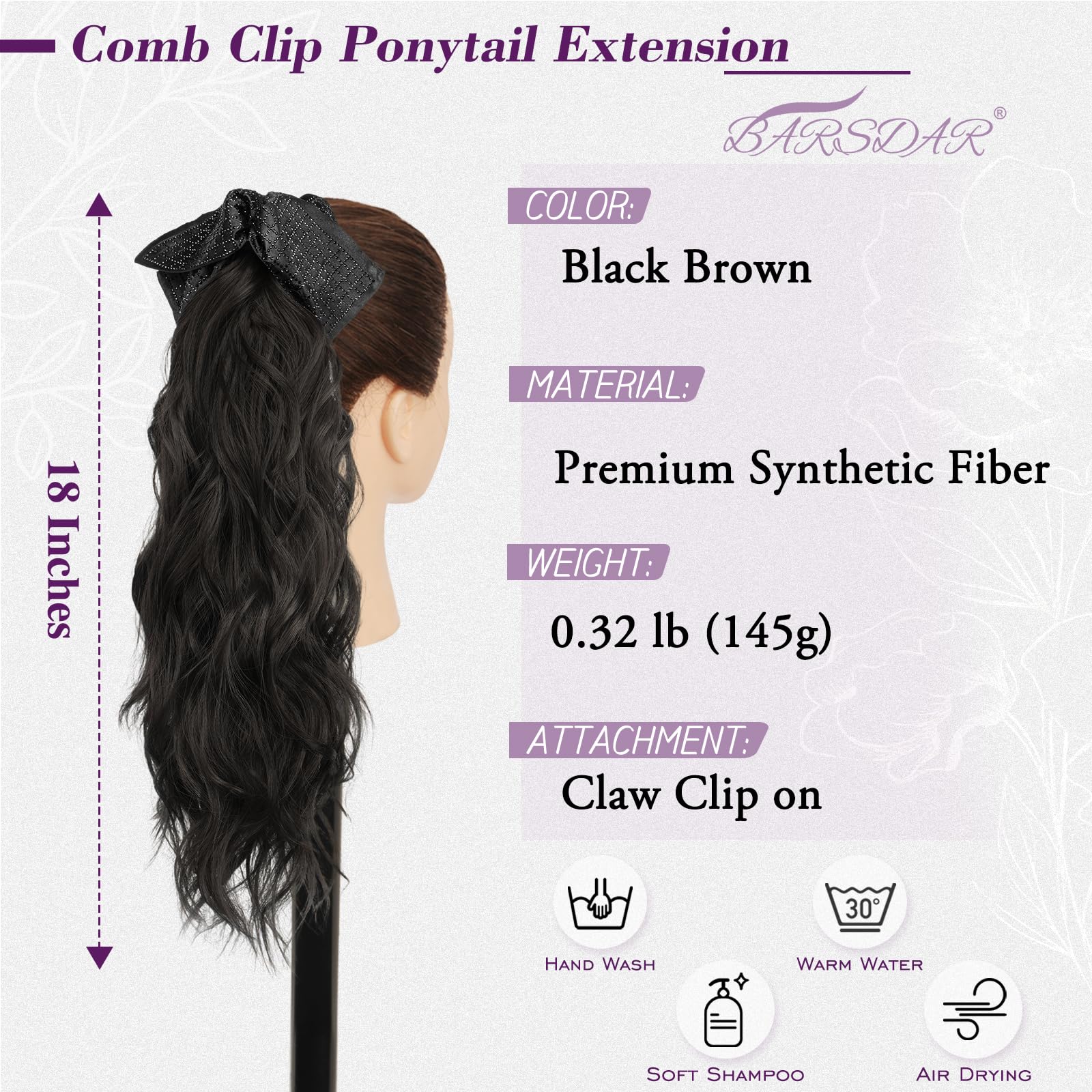 BARSDAR Coleta Postiza Extensiones Pelo, 45cm Bow Pinza Garra Ondulado Negro Marrón Cola de Caballo Extensiones para Mujeres Aspecto Natural Ligeras Sintética Ondulado Negro Marrón Ponytail Postizos
