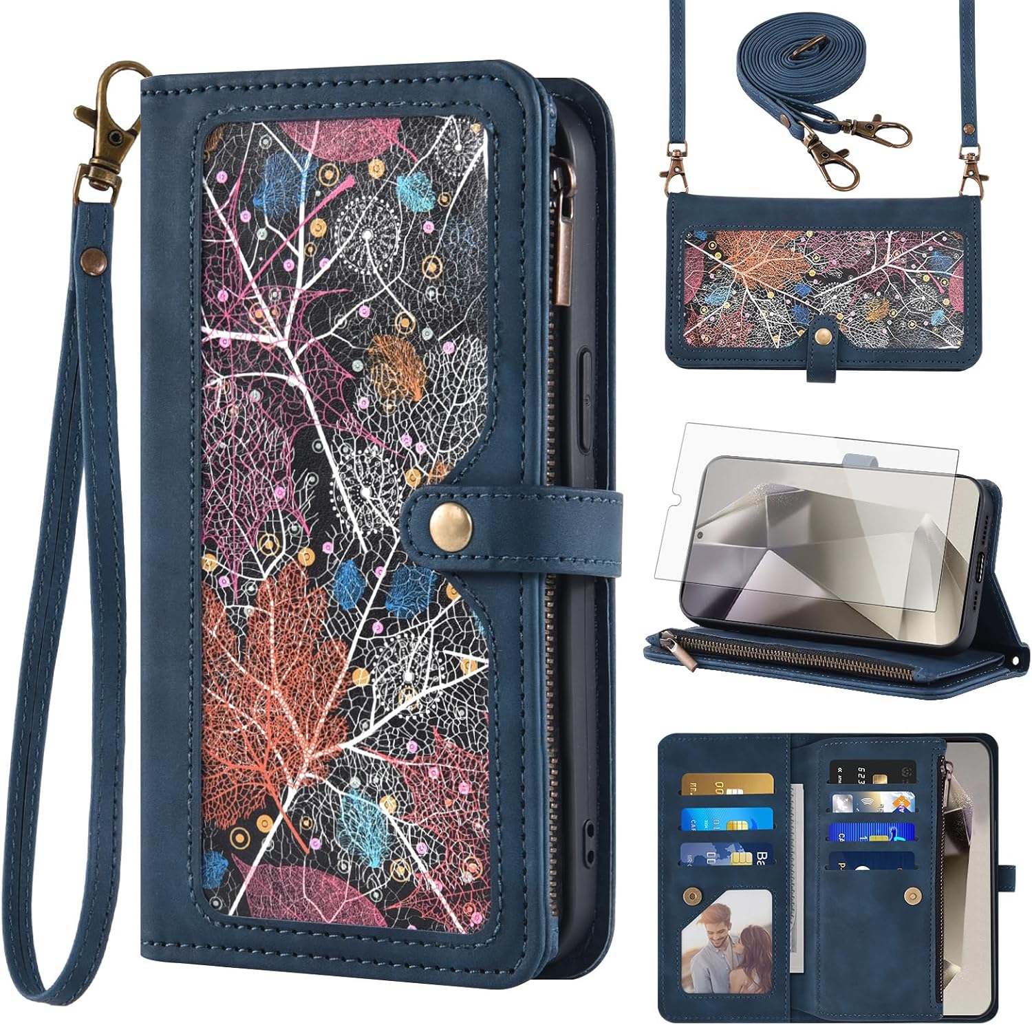 Phone Case for Samsung Galaxy S24 Ultra 5G Wallet Cover With Screen Protector Crossbody Wrist Strap Leather Flip Pattern Zipper Credit Card Holder Stand Cell S24Ultra S 24 24Ultra 2024, 6.8 inch Blue