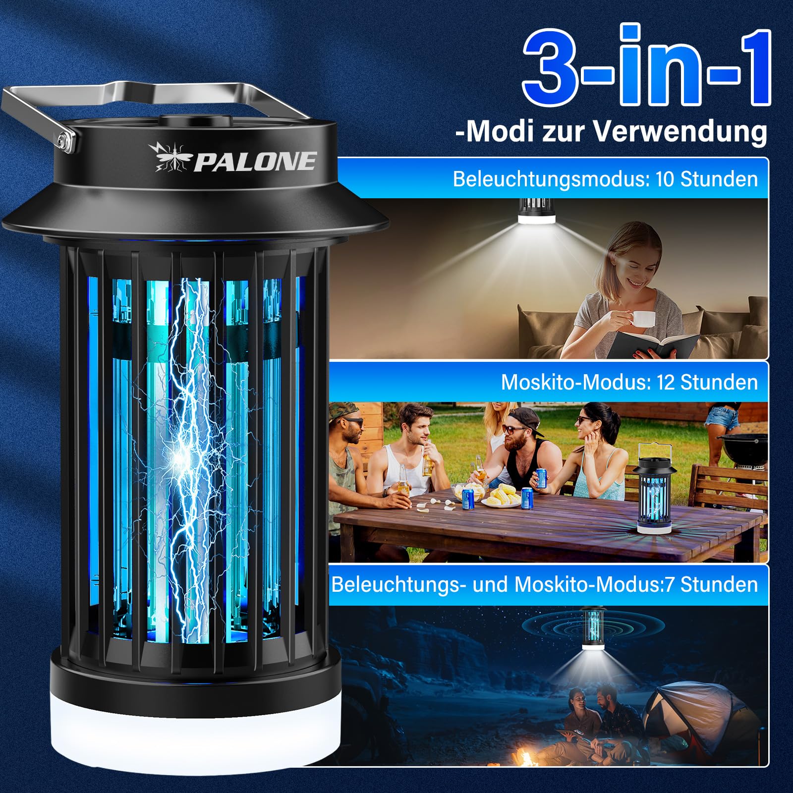 PALONE Insektenvernichter Elektrischer mit LED-Lampe, 3 in 1 Tragbarkeit USB-C Insektenvernichter, UV DC Elektrisch Mückenlampe, Praktische Geschenke für den Garten, Camping und Picknicks im Freien