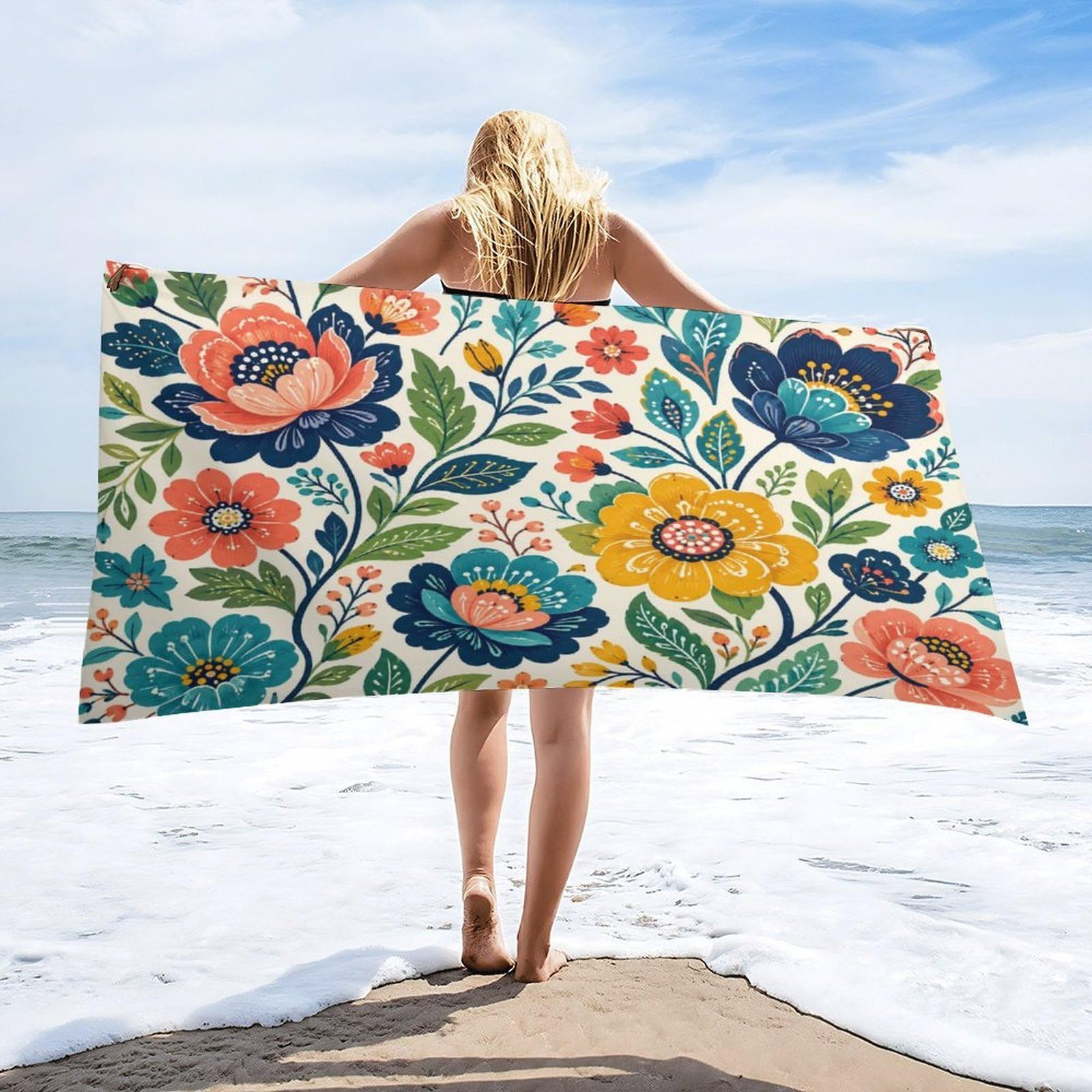 Anceky Floral Beach Towel 32"×63",Soft Microfiber Bath Towel Shawl, Quick Dry Absorbent Pool Spa Gym Shower Towel