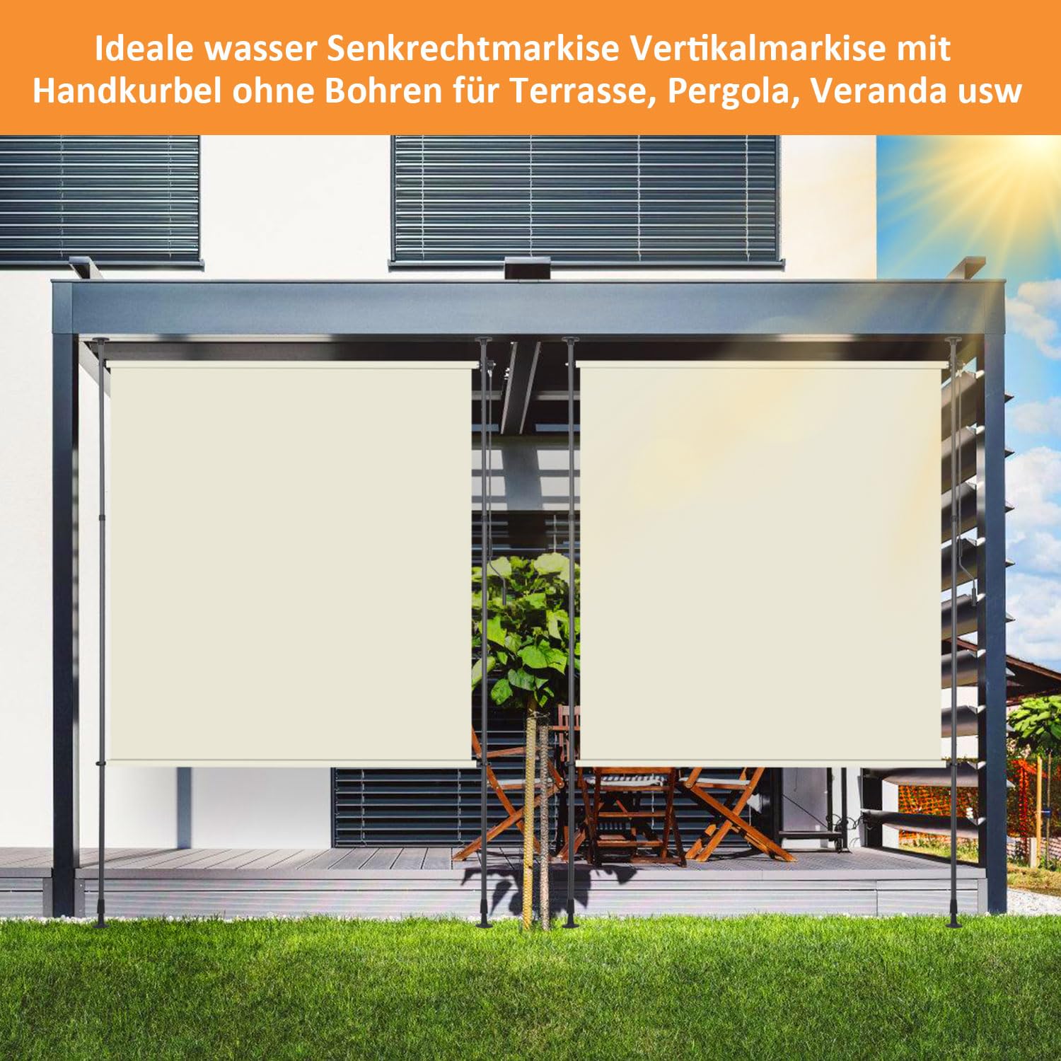 KESSER Klemluifel, verticale zonwering, 120 x 310 cm, uittrekbaar en ondoorzichtig, verticale luifel met handslinger, zonder boren, balkon- inkijkbescherming en windscherm, voor tuin en terras