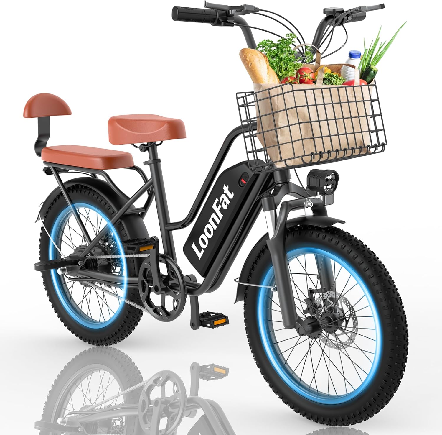 Electric Bike for Adult with Rear Seat & Front Basket, Peak 1000W Ebike - 48V 13Ah - 2 Seats Commuting Electric Bicycle - F/R Disc Brake - Front Fork Shock Absorption-20 x3.0 Fat Tire
