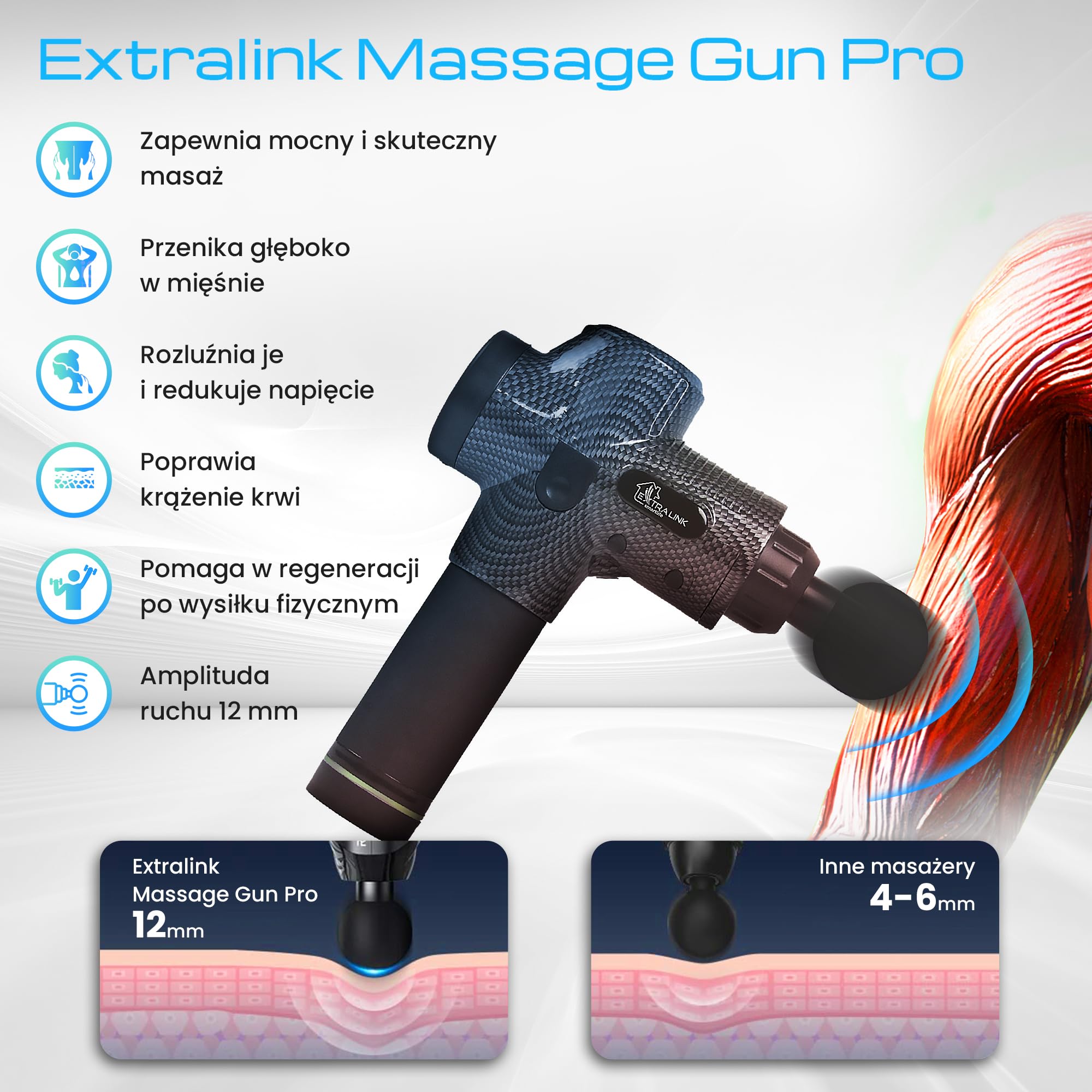 Extralink Massage Gun Pro, Pistolet do masażu, 3800 RPM, 6 końcówek wymiennych, moc 40W, dotykowy wyświetlacz, gniazdo ładujące DC, 30 prędkości, Amplituda 12mm, Masażer mięśni