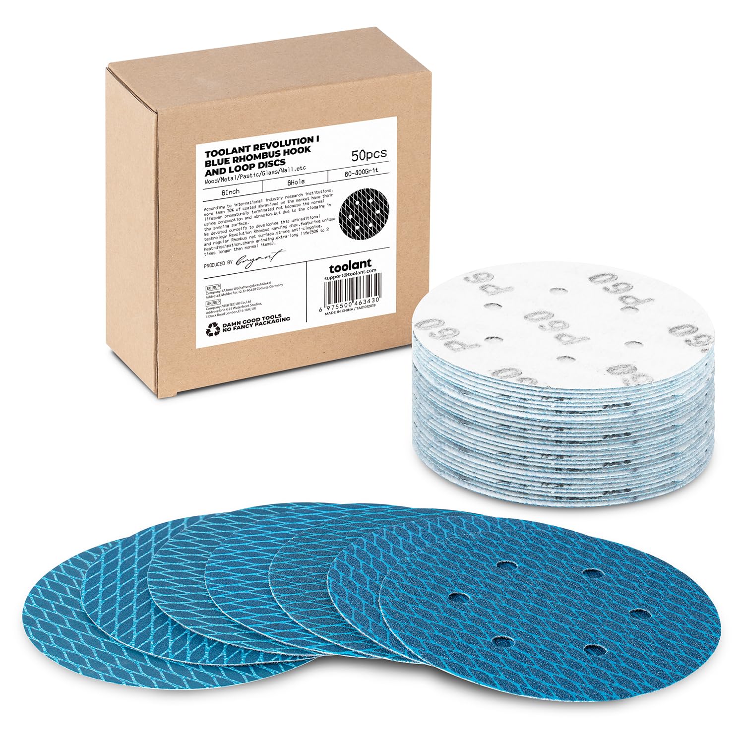 50pcs Diamond Shape 6 Inch Sanding Disc, Revolutionary Patent Assorted 6 Hole Hook and Loop Sanding Discs for Random Disc Sanders & Orbital Sanders (