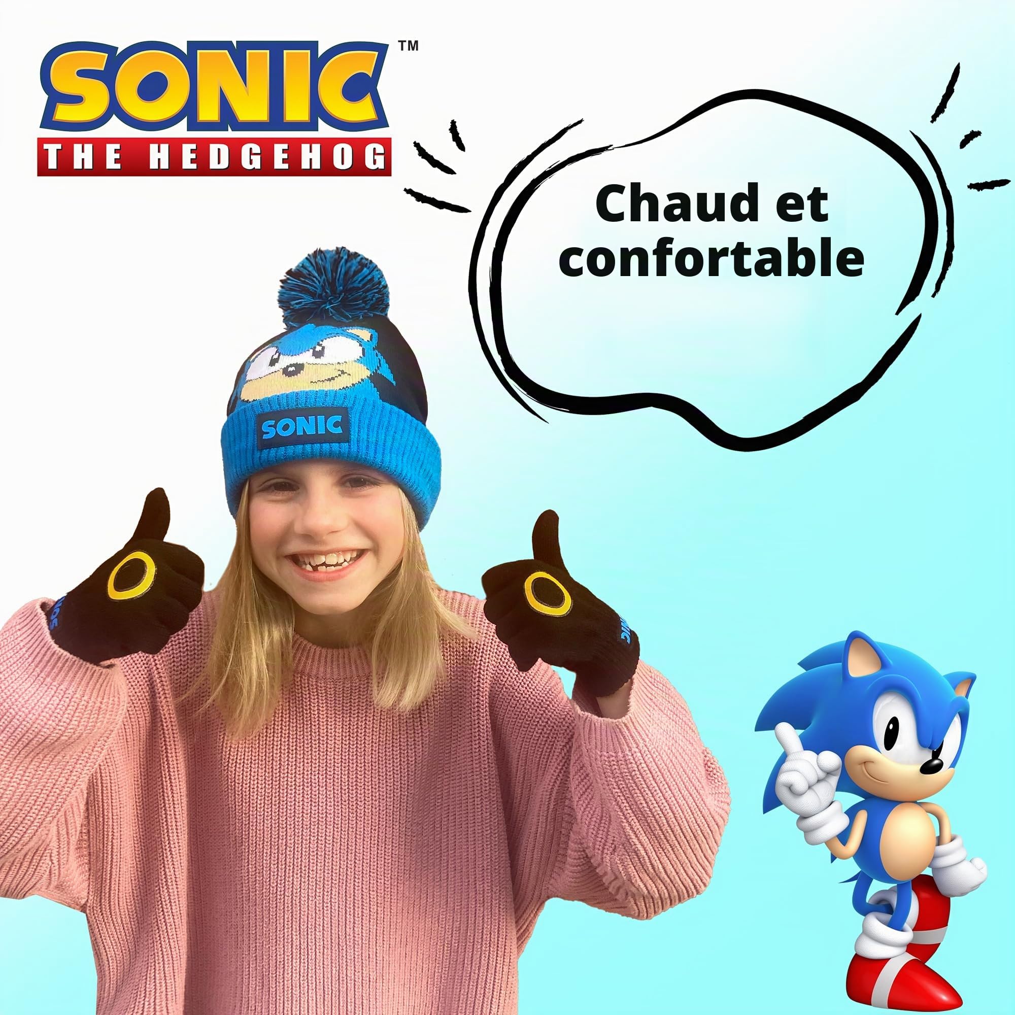 SONIC THE HEDGEHOG Ensemble bonnet et gants d'hiver pour garçons – Bonnet et gants chauds et confortables – Parfait pour les enfants âgés de 6 à 12 ans