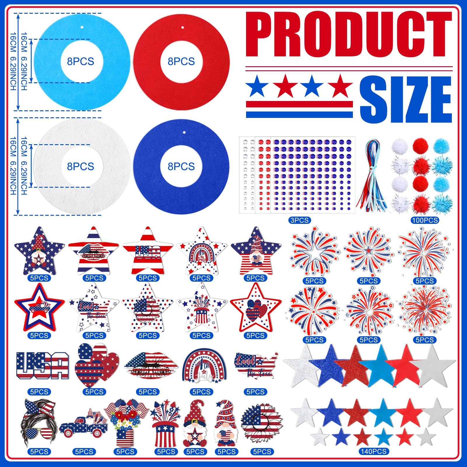 SmoothNovelty Kit di 405 pezzi di artigianato patriottico per il 4 luglio, kit fai da te per ghirlande per il giorno dell'indipendenza dei bambini, 32 ghirlande in feltro per il giorno della