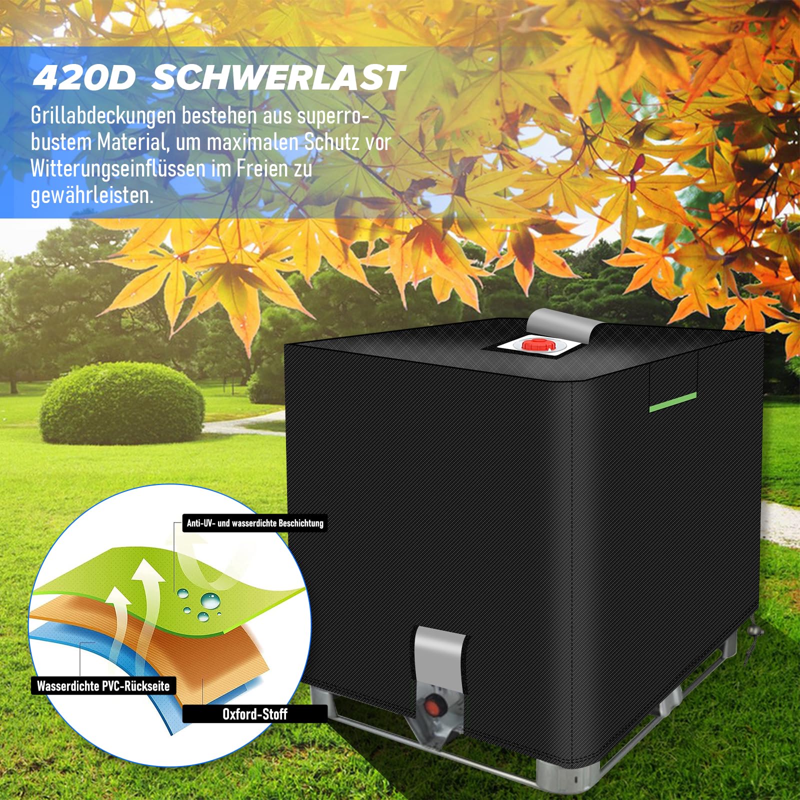 MOZMY IBC Tank Abdeckung, Upgrade IBC Wassertank Abdeckung mit Reißverschluss, Abdeckplane für IBC Tank 1000L Outdoor, 420D Oxford Schutzhülle IBC Abdeckung (120x100x116cm