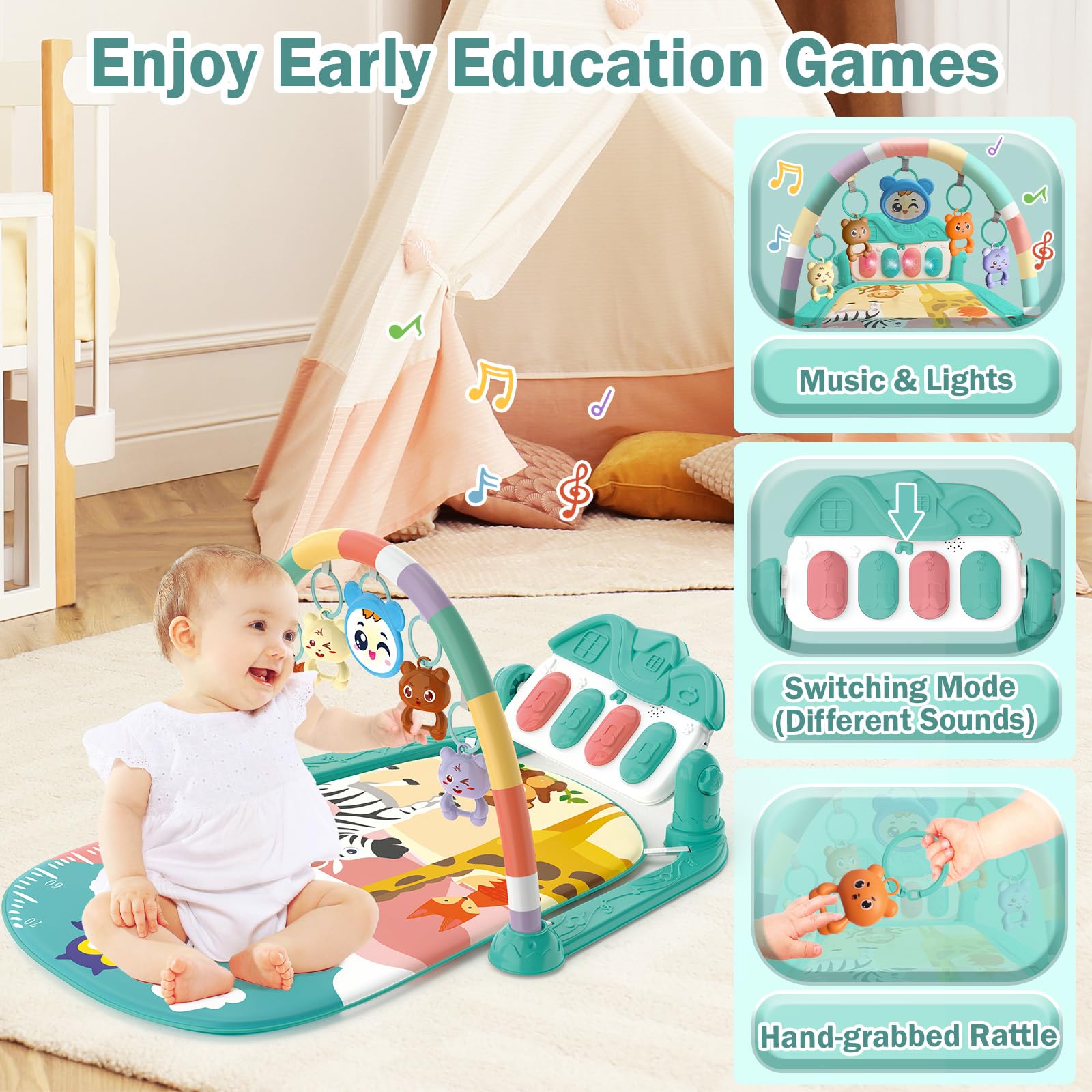 Tapis d'éveil Bébé 0-6 Mois avec Hochets et Musique de Piano, Tapis Sensoriel Motricité Vert