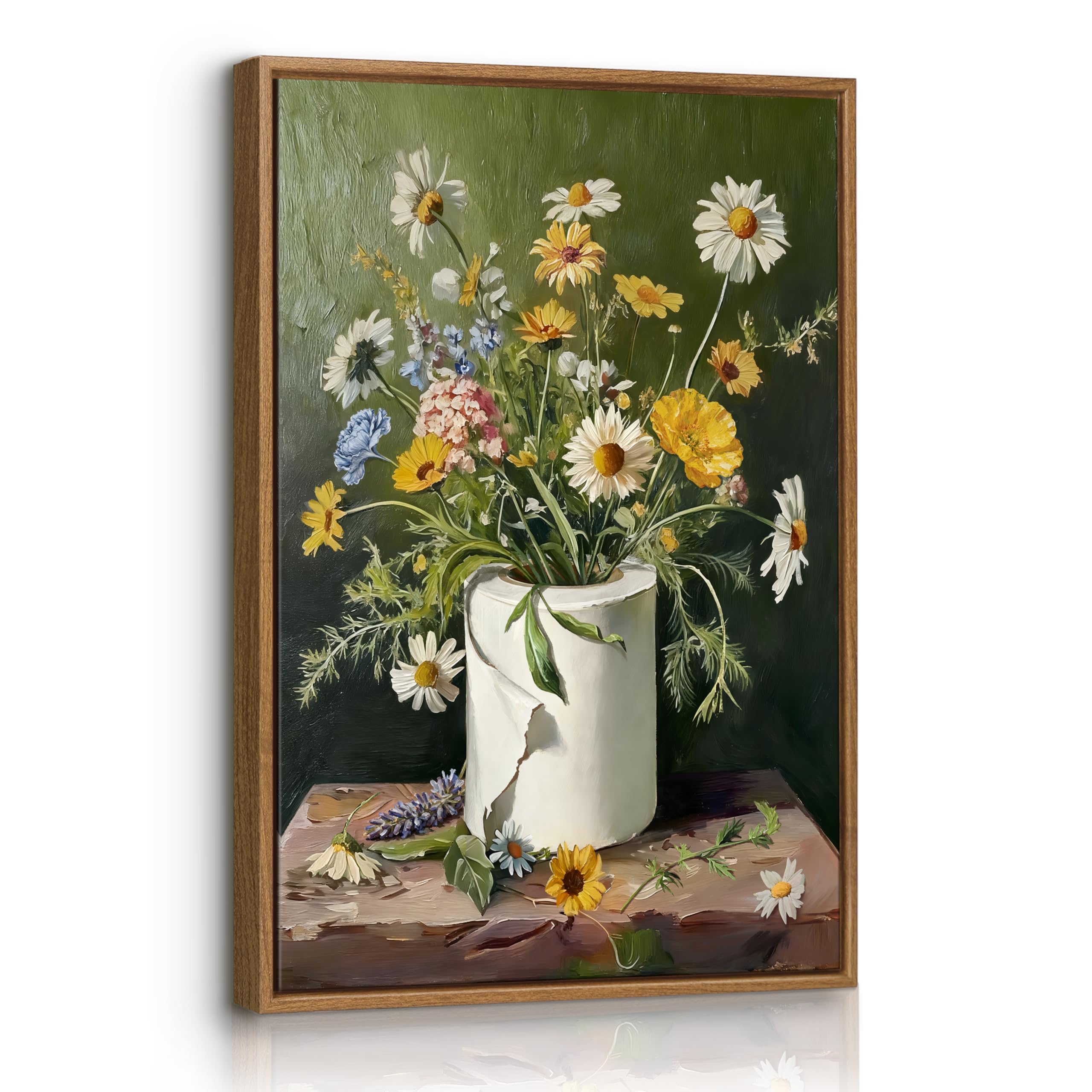 Funny Bathroom Framed Canvas Wall Art, Toilet Paper Floral Wall Painting Vintage Flowers Botanical Prints for Walls Moody Dark Green Wildflowers Picture Wall Decor for Bathroom Living Room 30X40cm