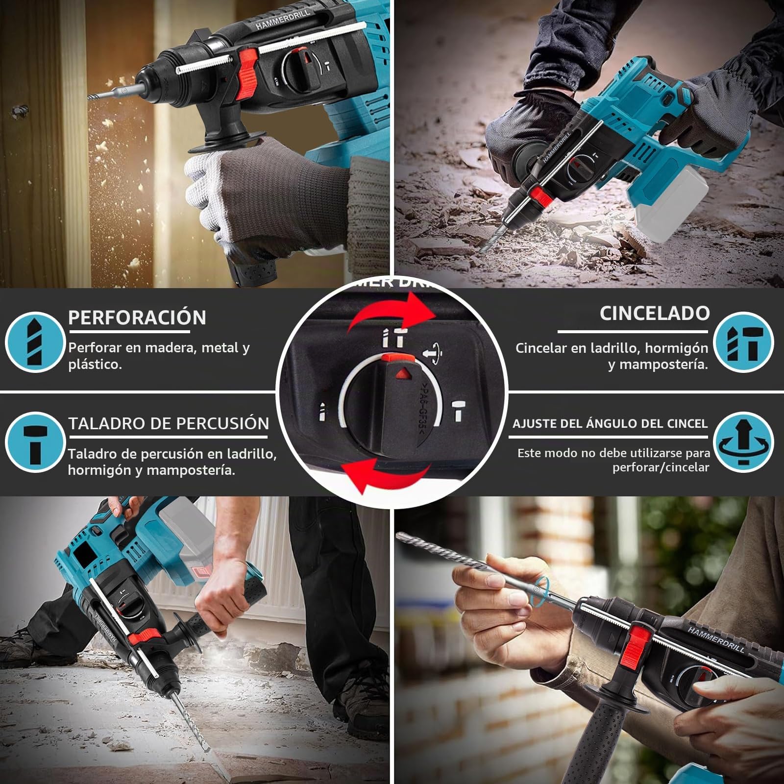 Martillo perforador a batería Compatible con Makita 18 V baterías | con 10 Brocas, 7J Energía de Impacto, Embrague de Seguridad& Control de Vibración (sin batería y cargador)
